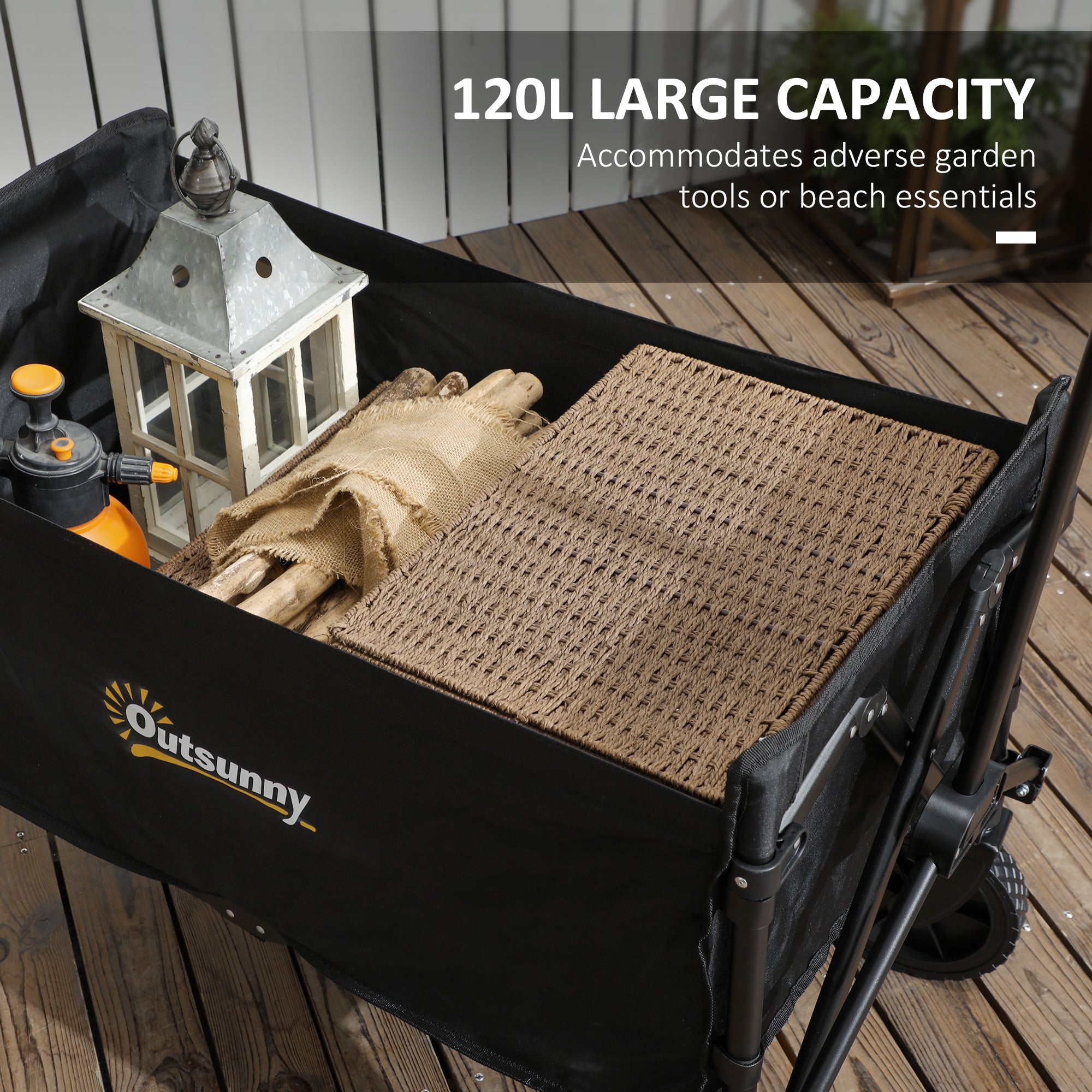 Outsunny 120L Folding Garden Trolley Cart, Outdoor Collapsible Wagon with Wheels and Adjustable Handle for Beach, Camping, Festival, Black - North Peak Garden Furniture