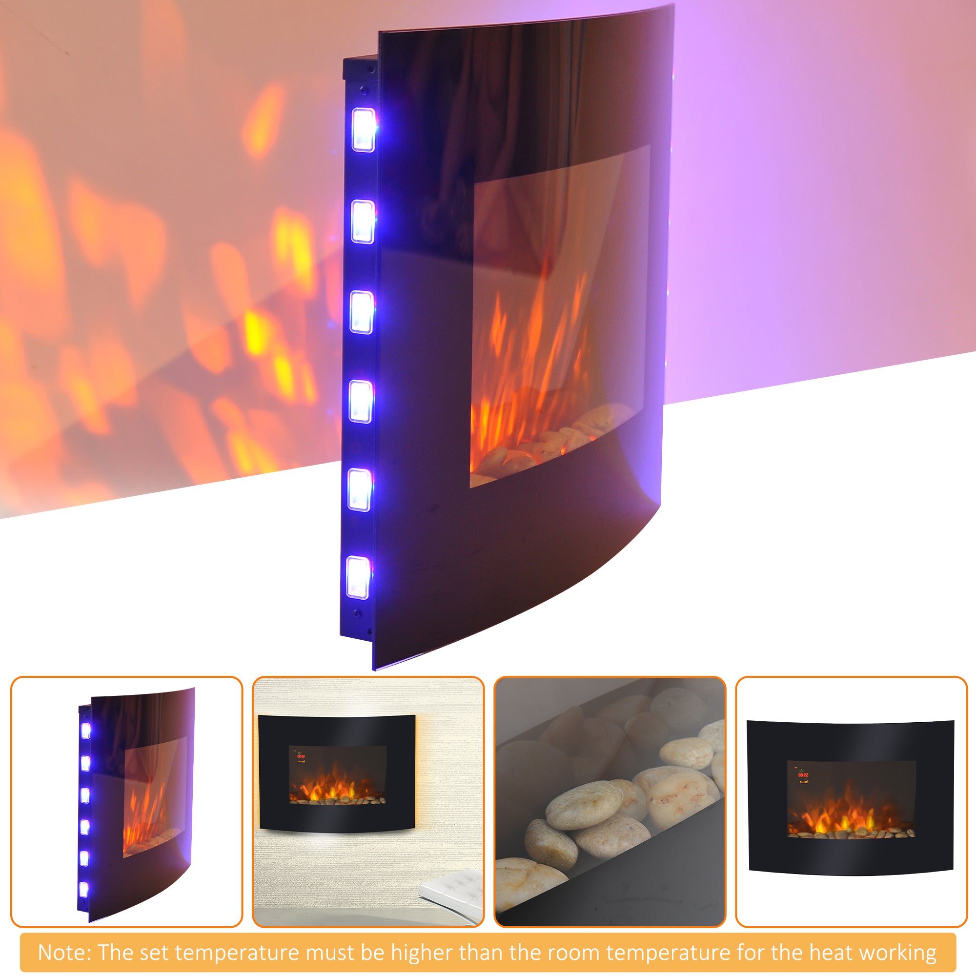 HOMCOM Led Wall Mounted Fireplace Curved Glass Electric Fire Place Fire Place 7 Colour Side Lights Slimline, 900/1800W, 65cm x 52cm