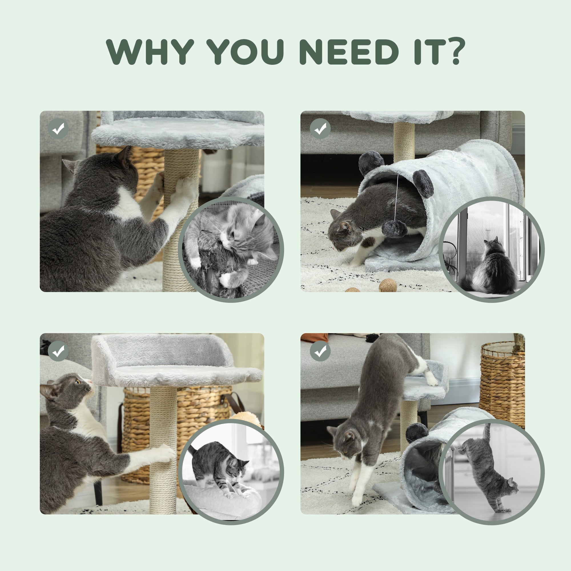 PawHut 47cm Small Cat Tree w/ Scratching Post, Bed, Cat Tunnel, Toy Ball, Grey - North Peak Garden Furniture