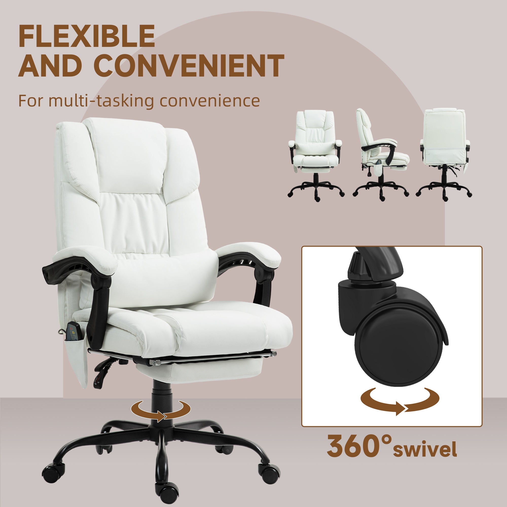 Vinsetto 6-Point Massage Office Chair, PU Leather Desk Chair with Adjustable Height and Footrest for Home Office, White - North Peak Garden Furniture
