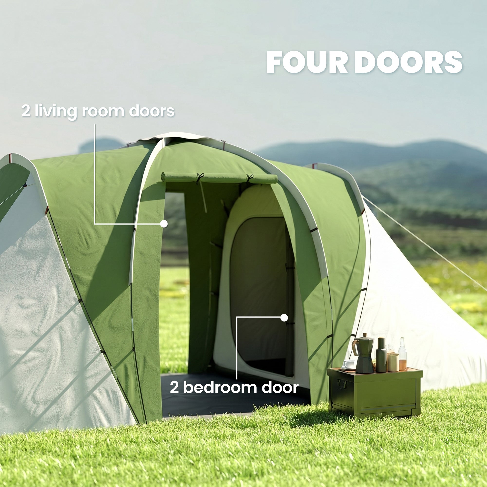 Outsunny Large Camping Tent Tunnel Tent with 2 Bedroom and Living Area, 2000mm Waterproof, Portable with Bag for 4-6 Man, Green