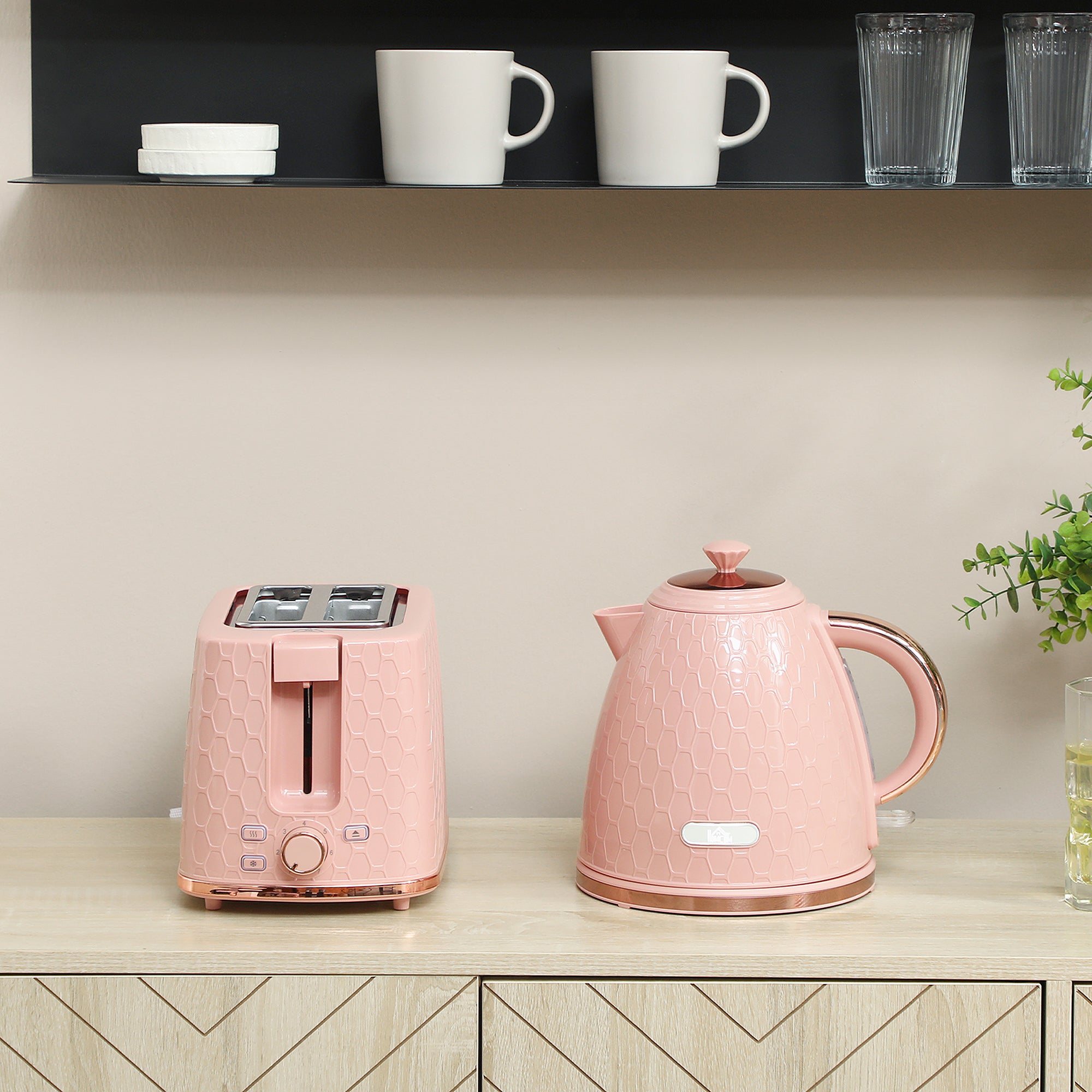 HOMCOM 1.7L 3000W Fast Boil Kettle & 2 Slice Toaster Set, Kettle and Toaster Set with Auto Shut Off, Browning Controls, Light Pink