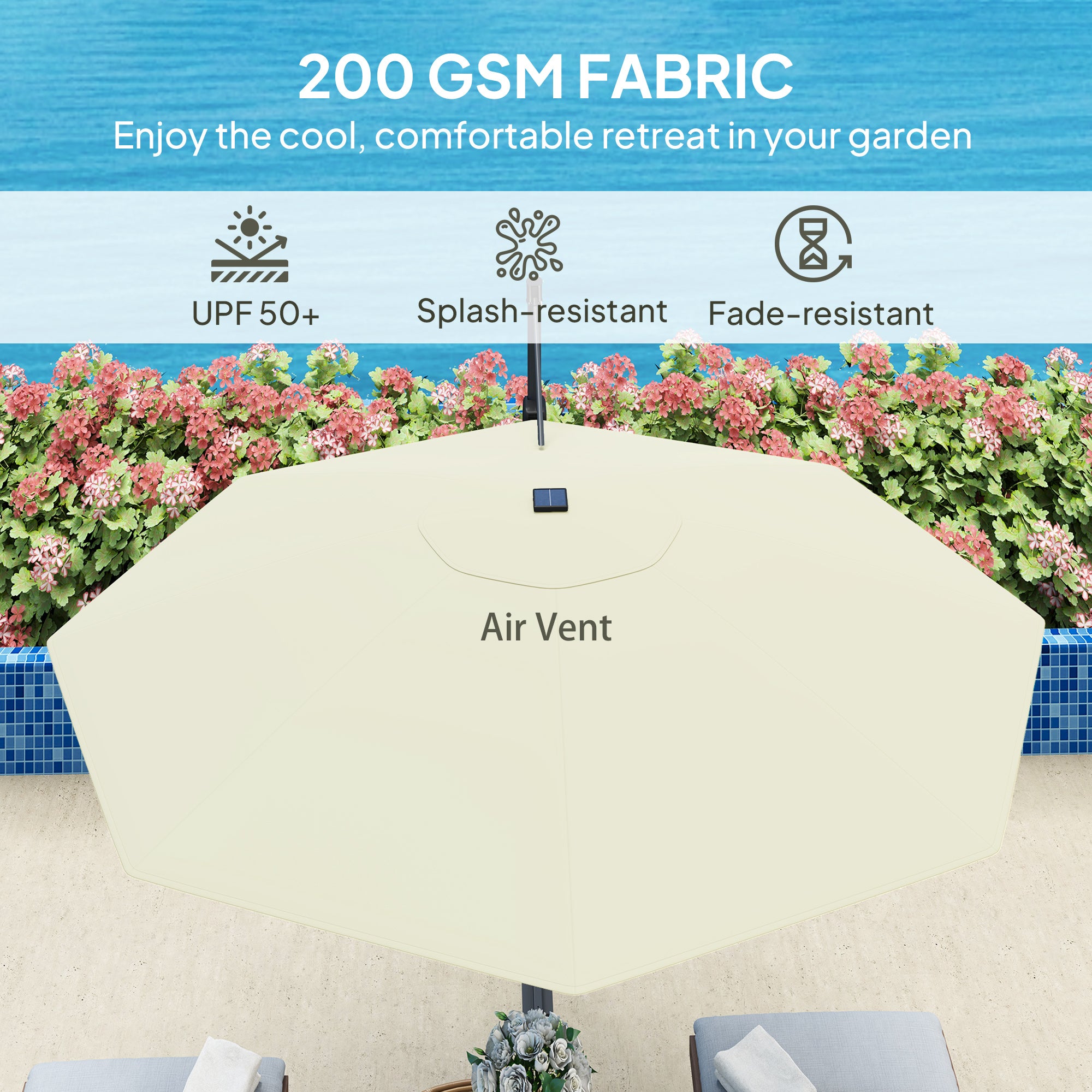 Outsunny 3(m) Cantilever Garden Parasol with Solar Powered Lights, Crank Handle & Cross Base, UPF 50+, 360° Rotation, Cream - North Peak Garden Furniture