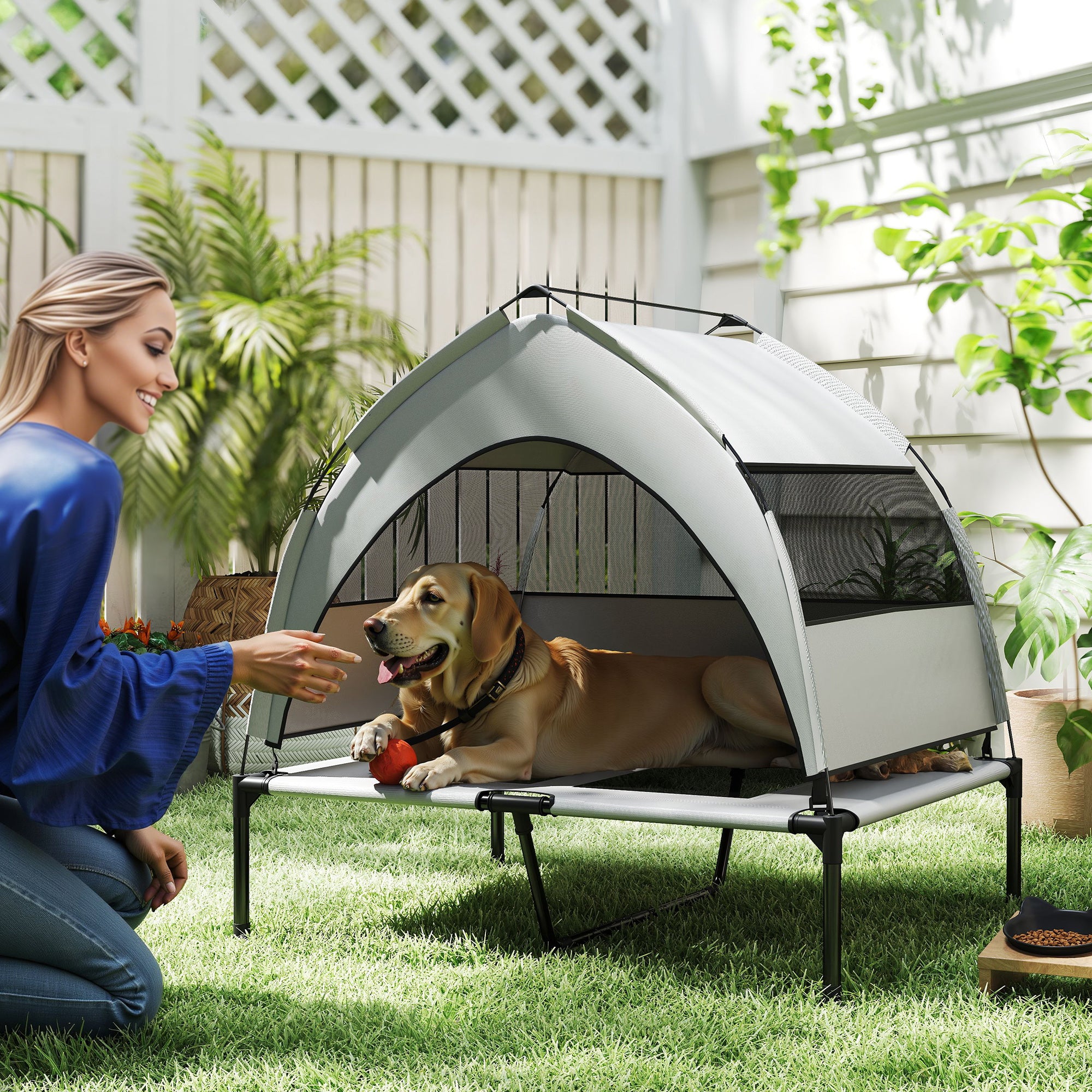 PawHut Portable Elevated Dog Bed with Removable Canopy, Cooling Raised Pet Cot for Medium Large Dogs, 92 x 75 x 89 cm - North Peak Garden Furniture