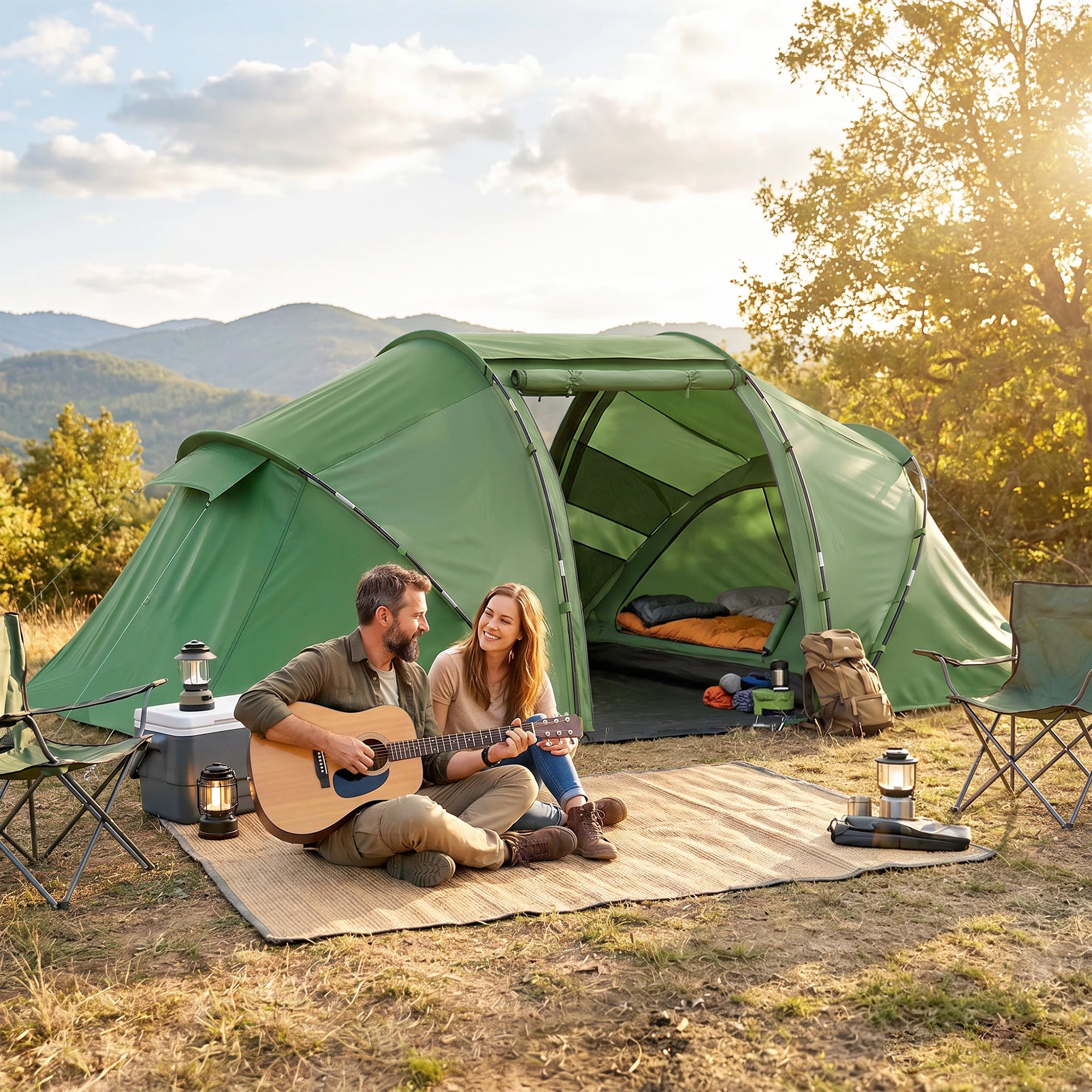 Outsunny 4-6 Man Camping Tent w/ Two Bedroom, Hiking Sun Shelter, UV Protection Tunnel Tent, Dark Green
