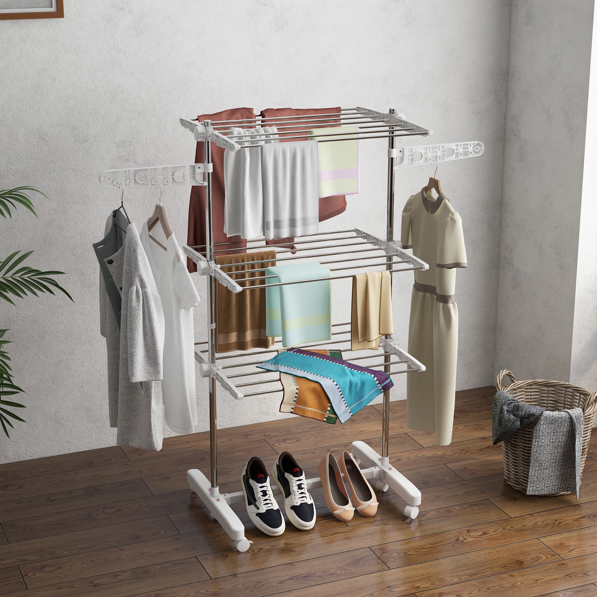 HOMCOM 3-Tier Clothes Airer, Foldable Clothes Drying Rack, Stainless Steel Indoor and Outdoor Clothes Dryer with Wheels and Wings, Easy Assembly, 142 x 55 x 152cm, White - North Peak Garden Furniture