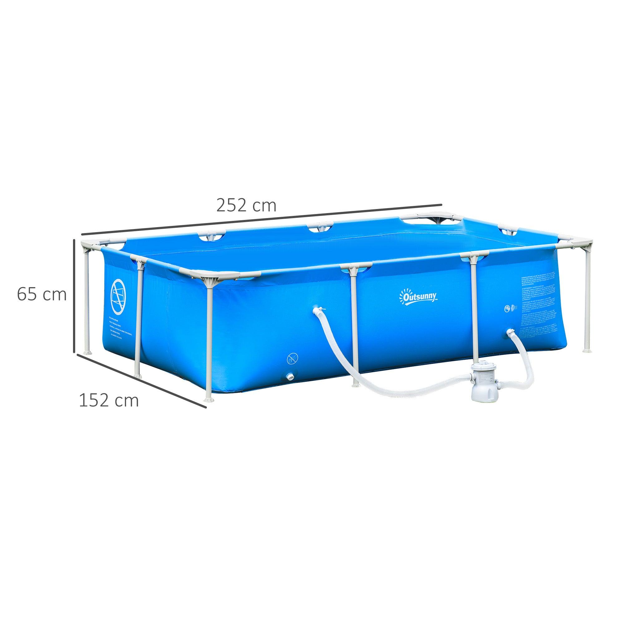 Outsunny Steel Frame Pool with Filter Pump, Filter Cartridge, Reinforced Sidewalls Rust Resistant Above Ground Swimming Pool 252 x 152 x 65cm, Blue