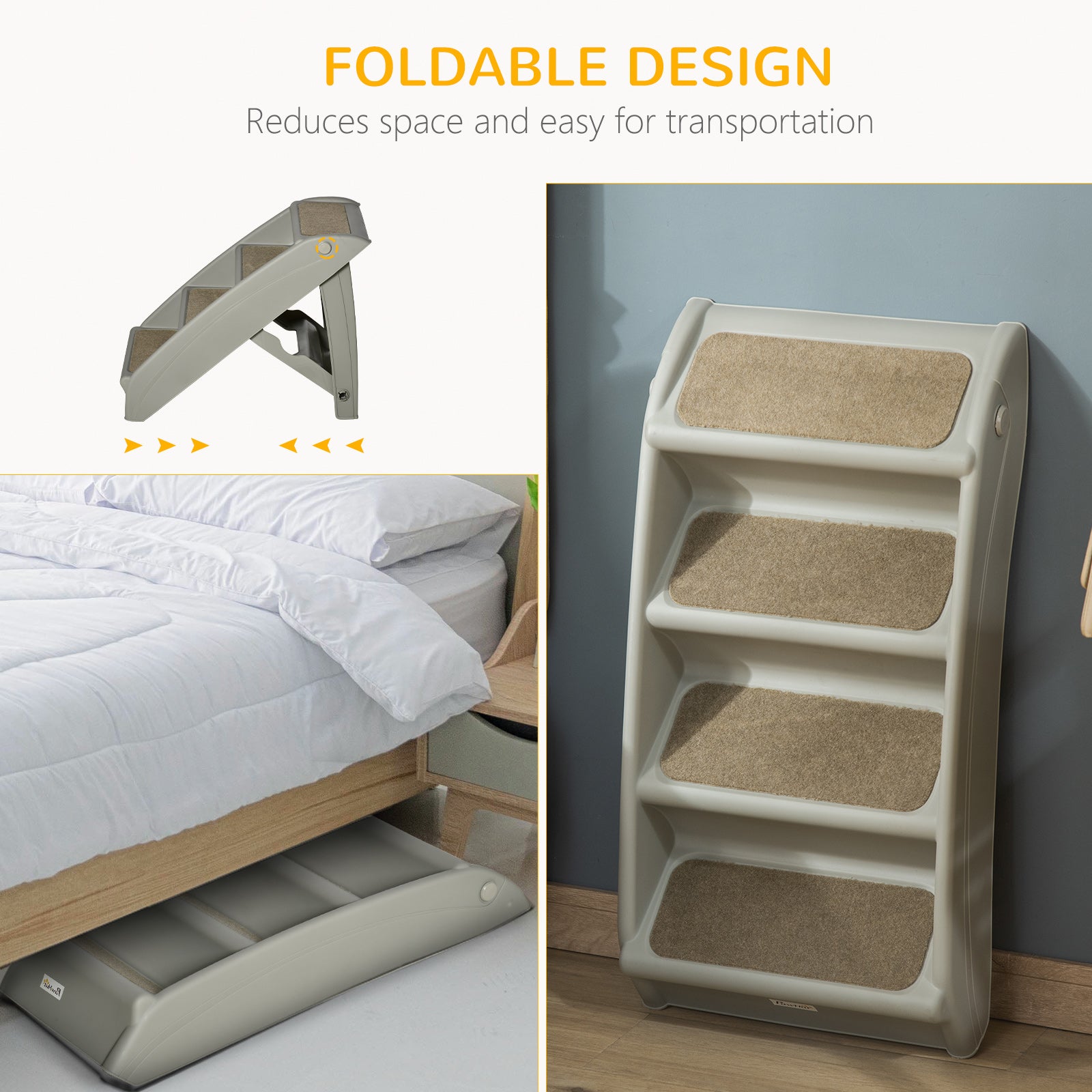 PawHut Foldable Four-Step Pet Stairs, for Cats, Small Miniature Dogs, with Non-Slip Mats 62 x 38 x 49.5cm - Grey - North Peak Garden Furniture