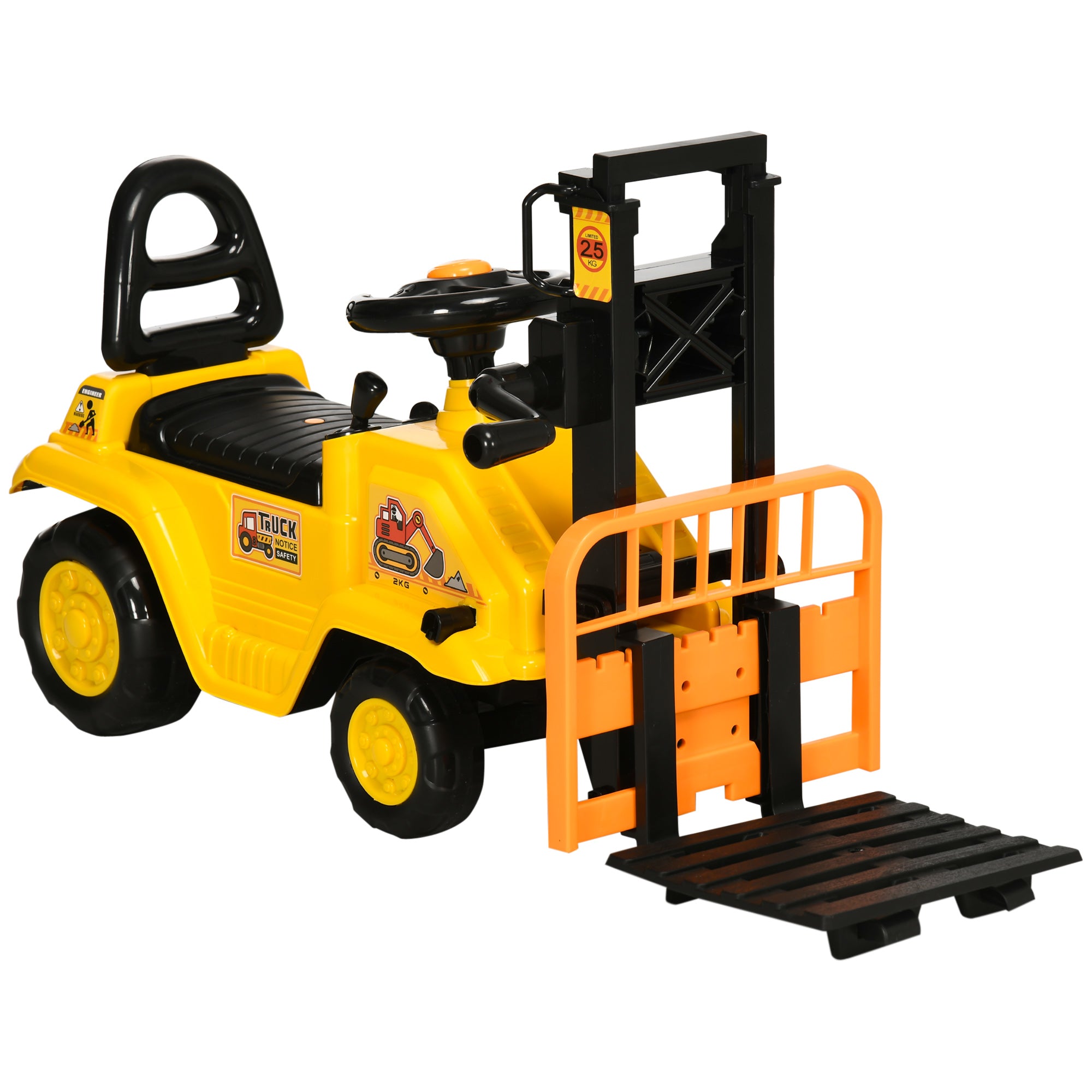 HOMCOM Kids Ride-On Construction Car, with Fork, Tray, Sounds - Yellow - North Peak Garden Furniture