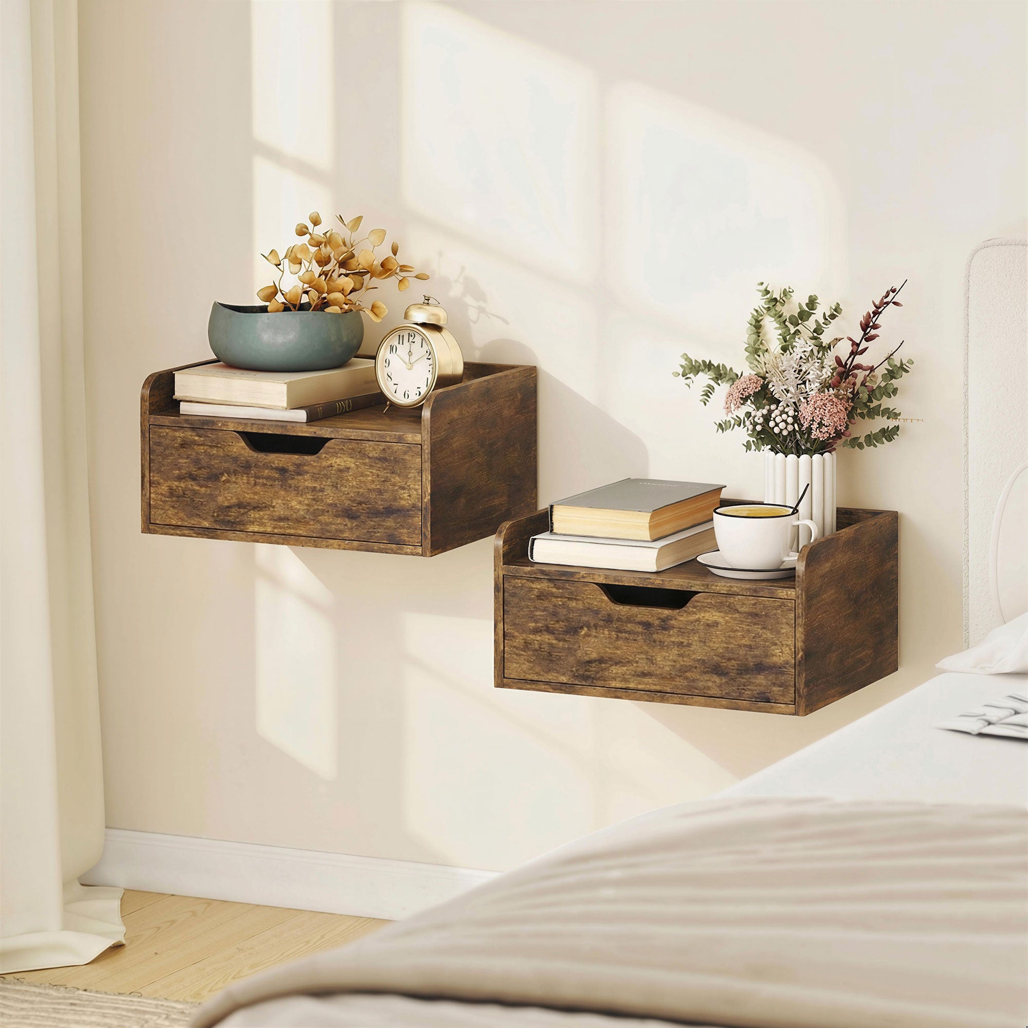 HOMCOM Floating Nightstands Set of 2, Wall Mounted Bedside Table with Drawer for Bedroom, Rustic Brown
