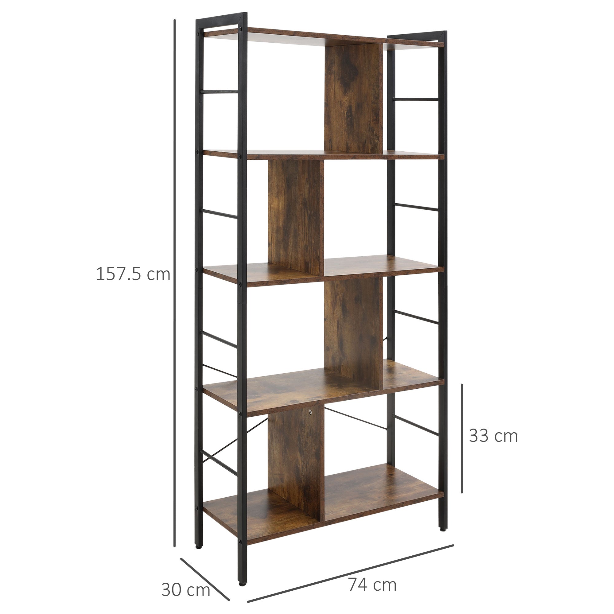HOMCOM Industrial Storage Shelf Bookcase Closet Floor Standing Display Rack with 5 Tiers, Metal Frame for Living Room & Study, Rustic Brown - North Peak Garden Furniture