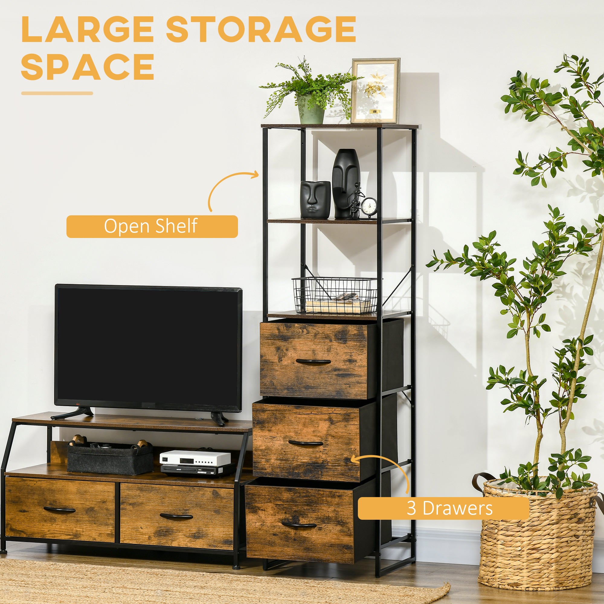 HOMCOM Industrial Storage Cabinet with 2 Open Shelves and 3 Foldable Fabric Drawers, Multifunctional Bookshelf in Living Room, Study, Bedroom, Rustic Brown - North Peak Garden Furniture