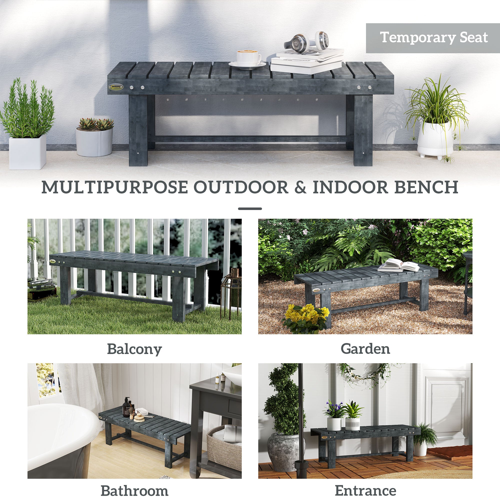 Outsunny 2-Seater Garden Wooden Bench, Grey - North Peak Garden Furniture