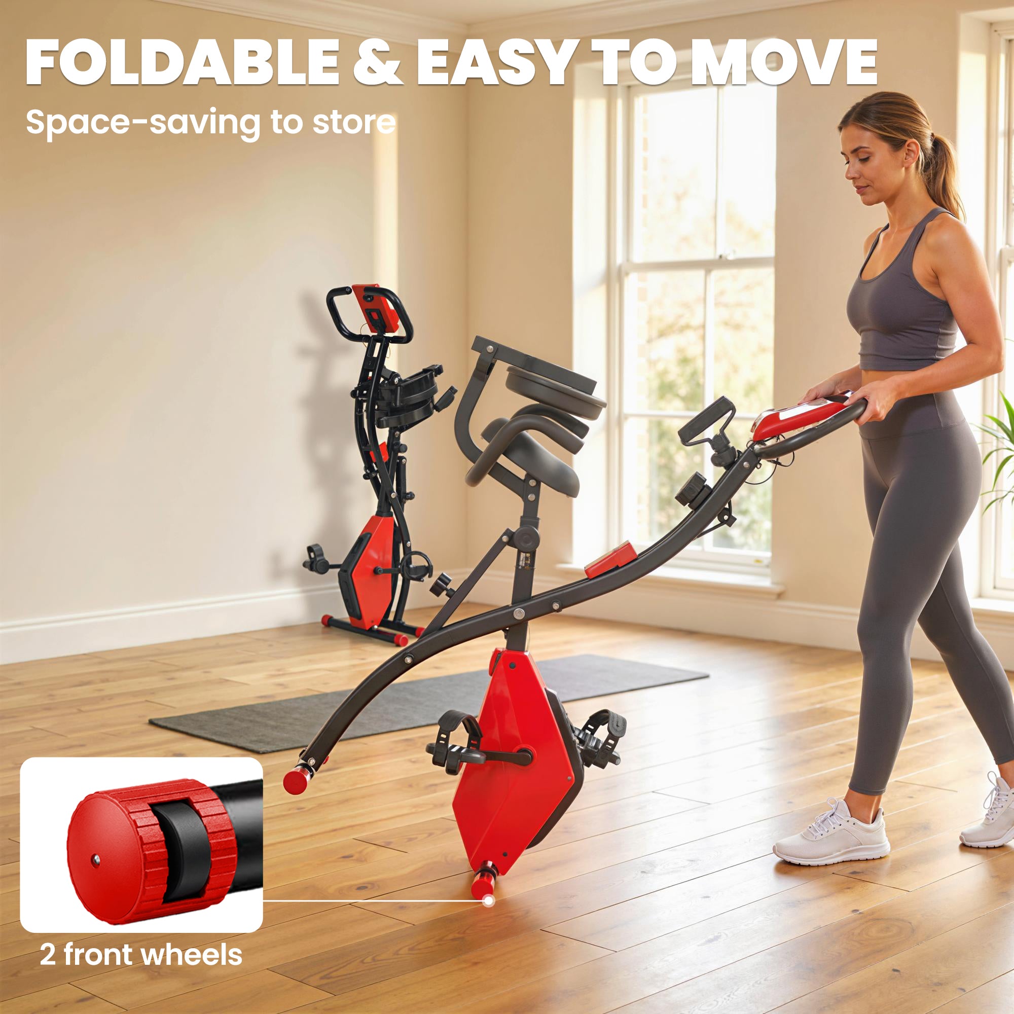 HOMCOM 2-in-1 Folding Exercise Bike with 8-Level Magnetic Resistance, Arm Resistance Band, Pulse Sensor, Red