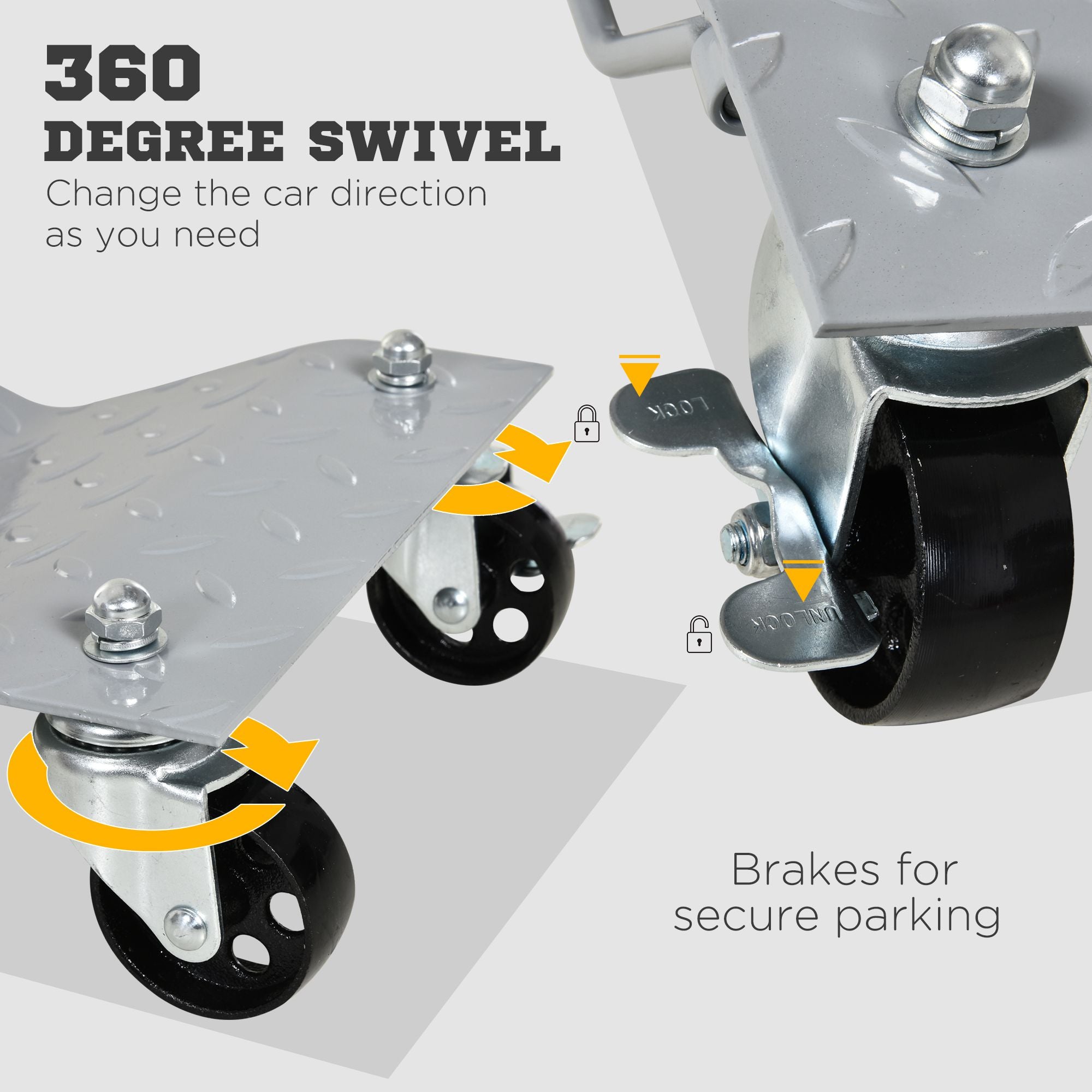 DURHAND 2 PCS Car Wheel Dollies with Swivel Casters, 680kg Capacity Car Dolly Skates Wheel Dolly Set with Non-Slip Metal Plates, Grey - North Peak Garden Furniture