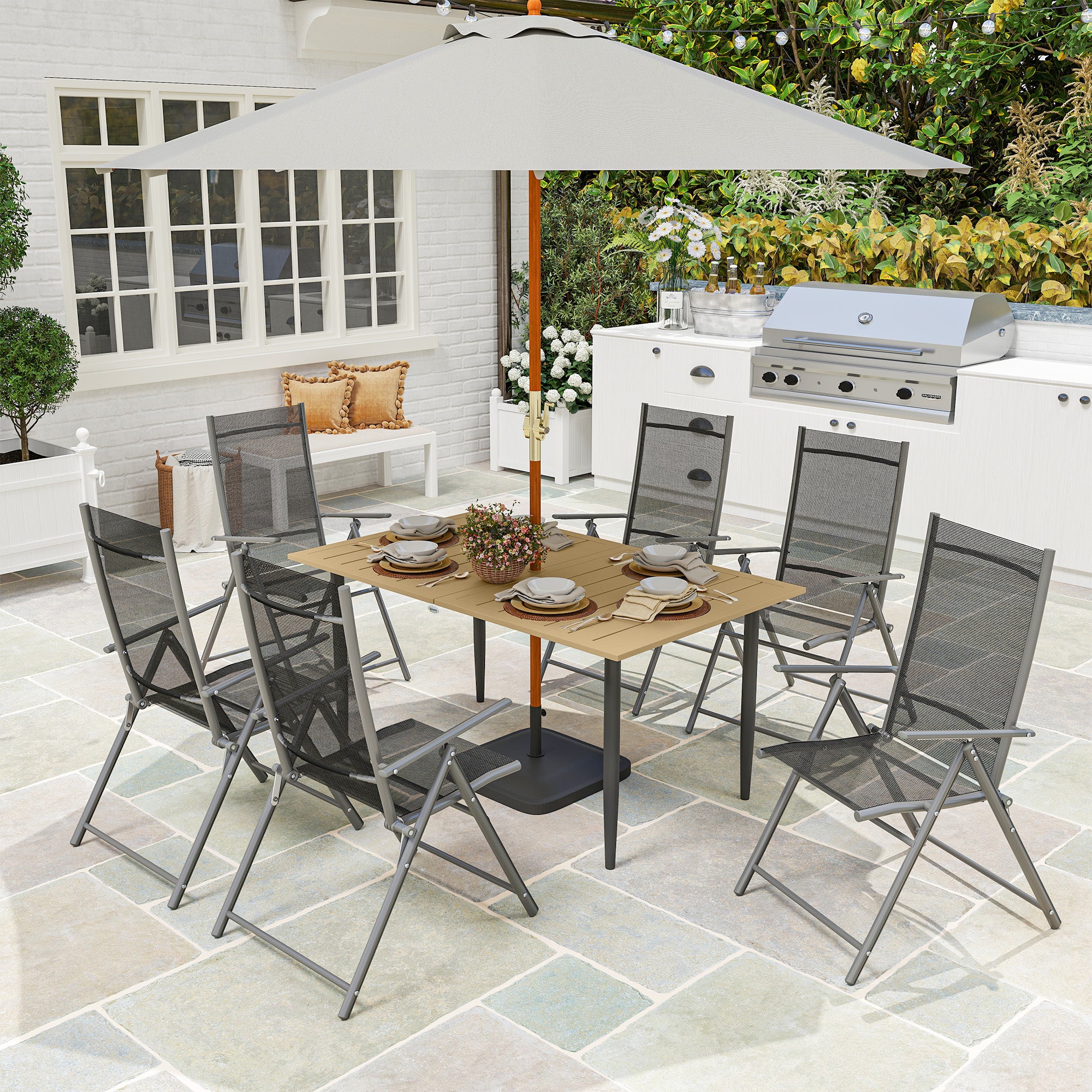 Outsunny Garden Dining Table for 6 Person, Rectangle Outdoor Coffee Table with 5 cm Parasol Hole, Slatted Tabletop and Steel Frame for Patio Balcony, Brown - North Peak Garden Furniture