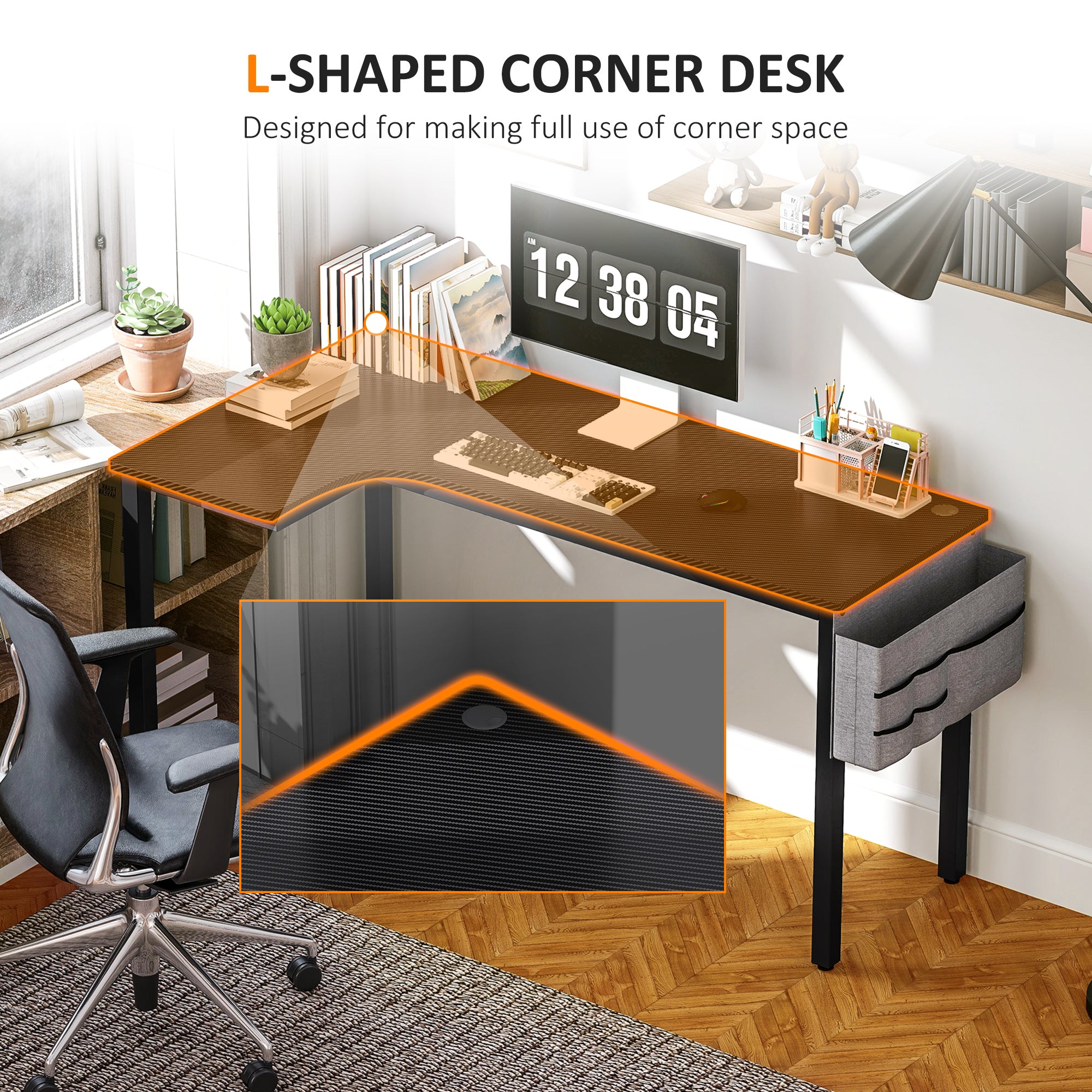 HOMCOM L-Shaped Computer Gaming Desk with Fabric Bag, Hooks and Cable Management, 145 x 81 x 76cm - Black - North Peak Garden Furniture