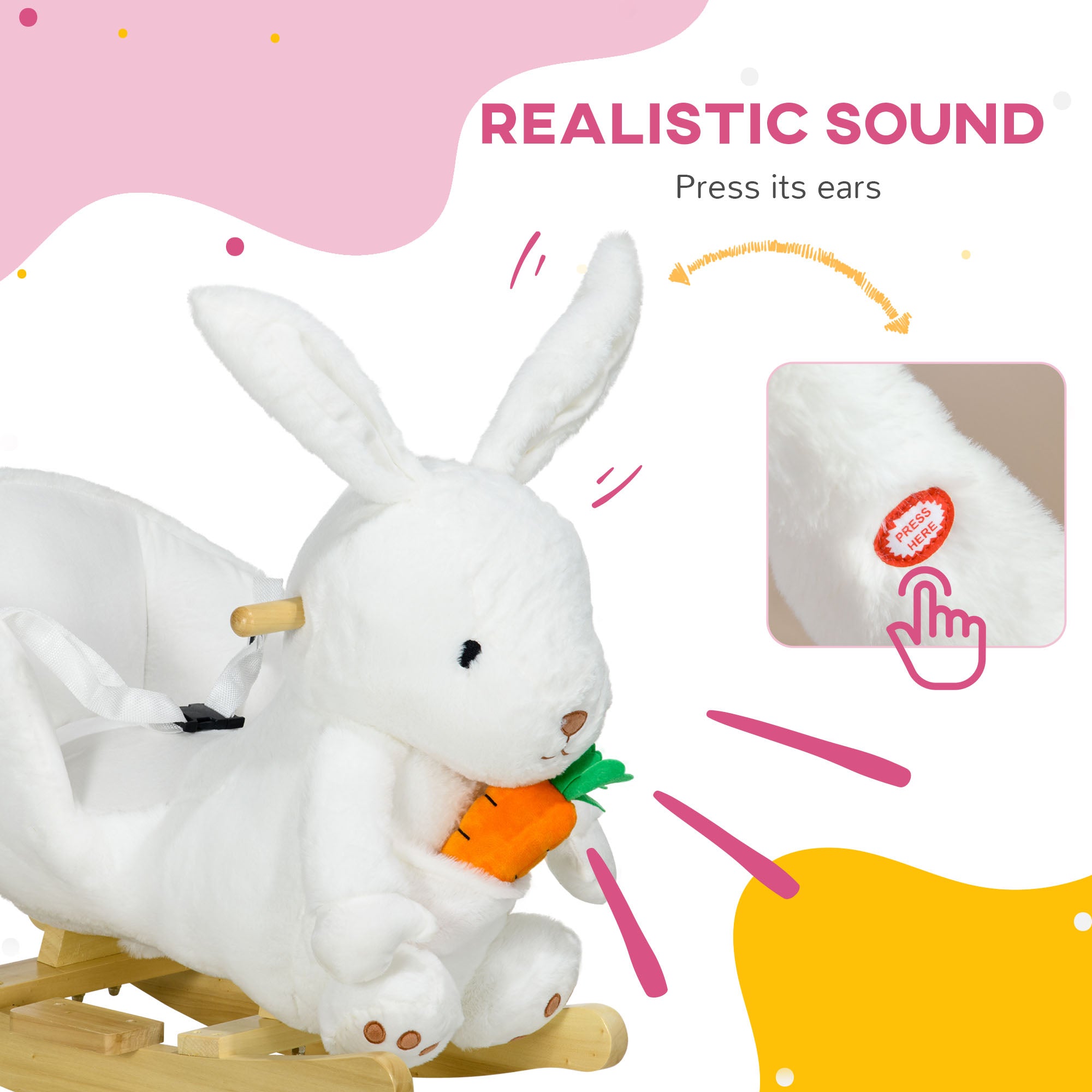 HOMCOM Kids Rabbit-Shaped Rocking Horse, with Safety Belt, Realistic Sounds, for Ages 18-36 Months - White - North Peak Garden Furniture