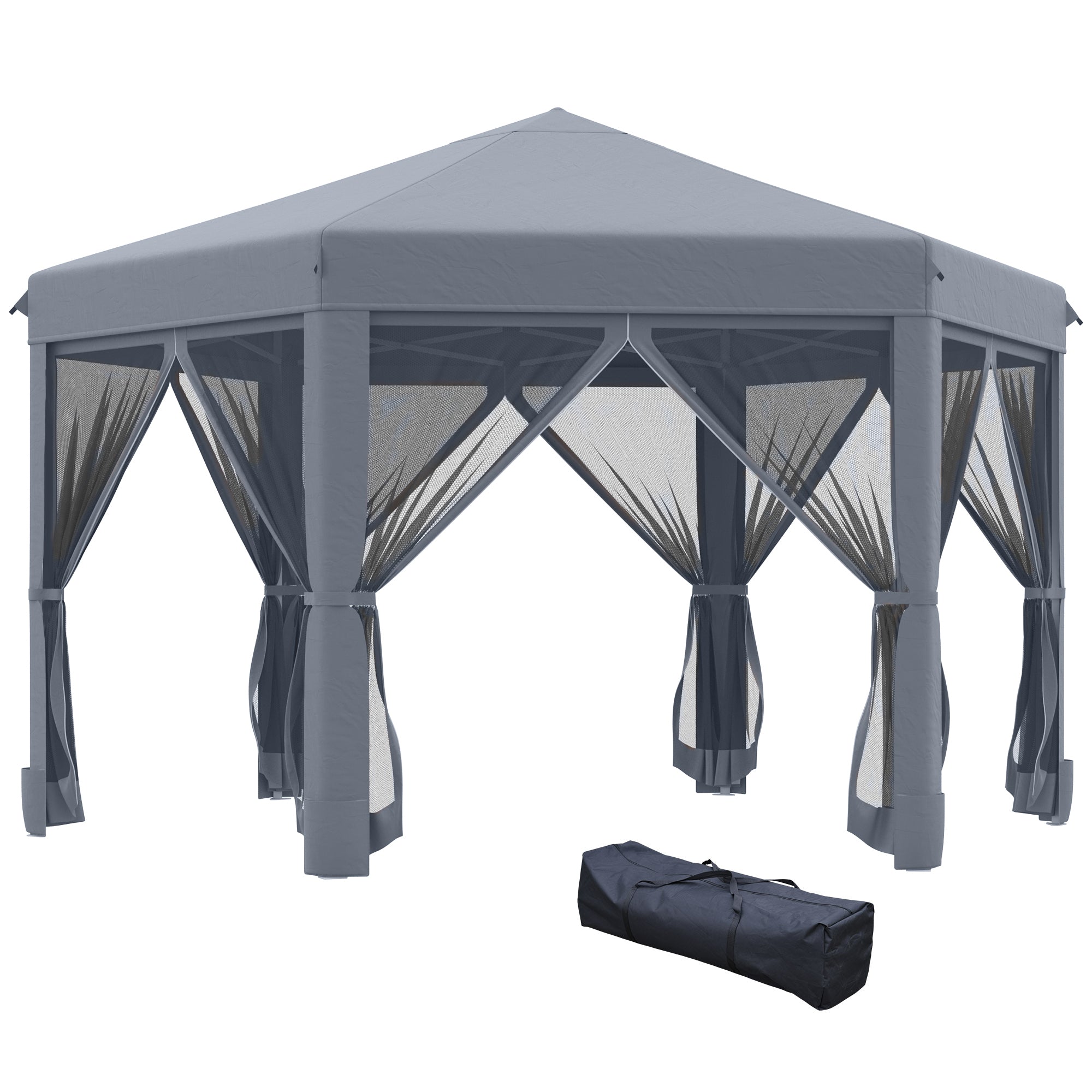 Outsunny 3.2m Pop Up Gazebo Hexagonal Canopy Tent Outdoor Sun Protection with Mesh Sidewalls, Handy Bag, Grey - North Peak Garden Furniture