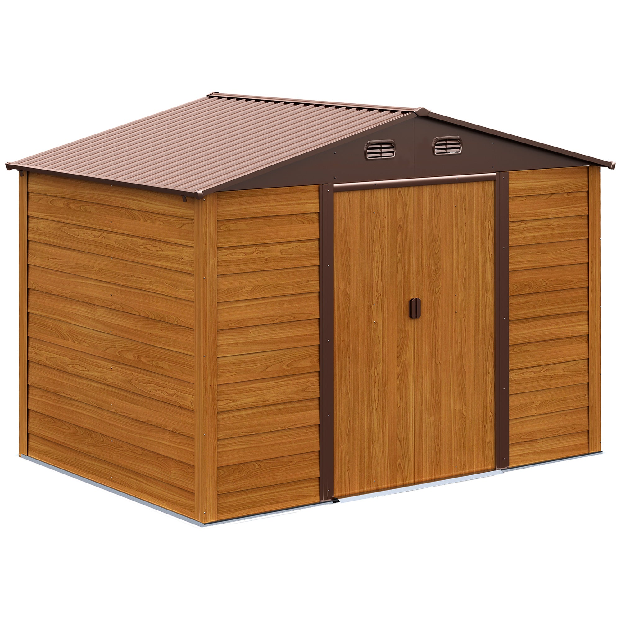 Outsunny 9 x 6ft Garden Shed, Metal Storage Tool House Gardening Tool Storage with Shutter Vents, Brown - North Peak Garden Furniture