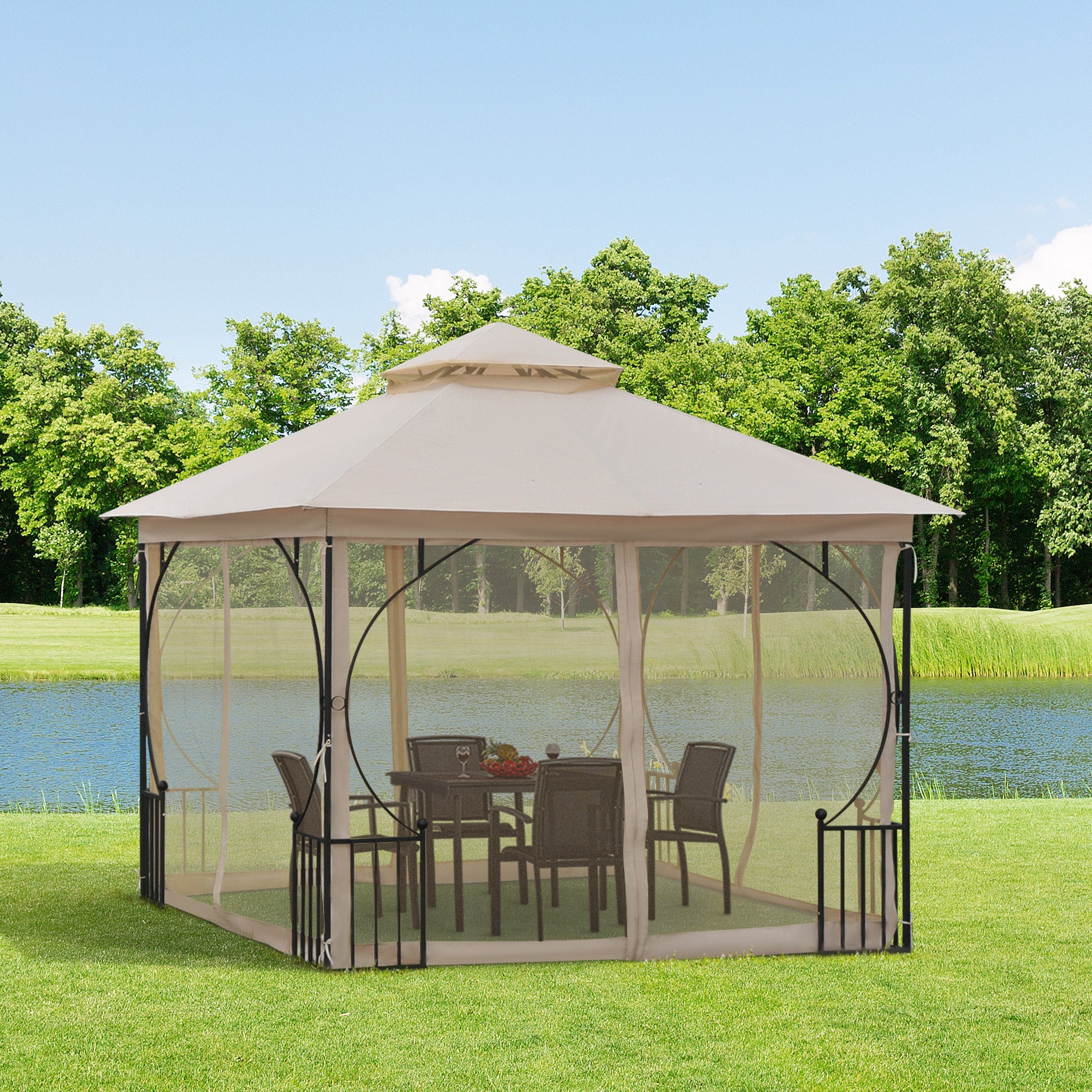 Outsunny 3 x 3(m) Garden Gazebo Patio Party Tent Shelter Outdoor Canopy Double Tier Sun Shade Metal Frame Netting Beige