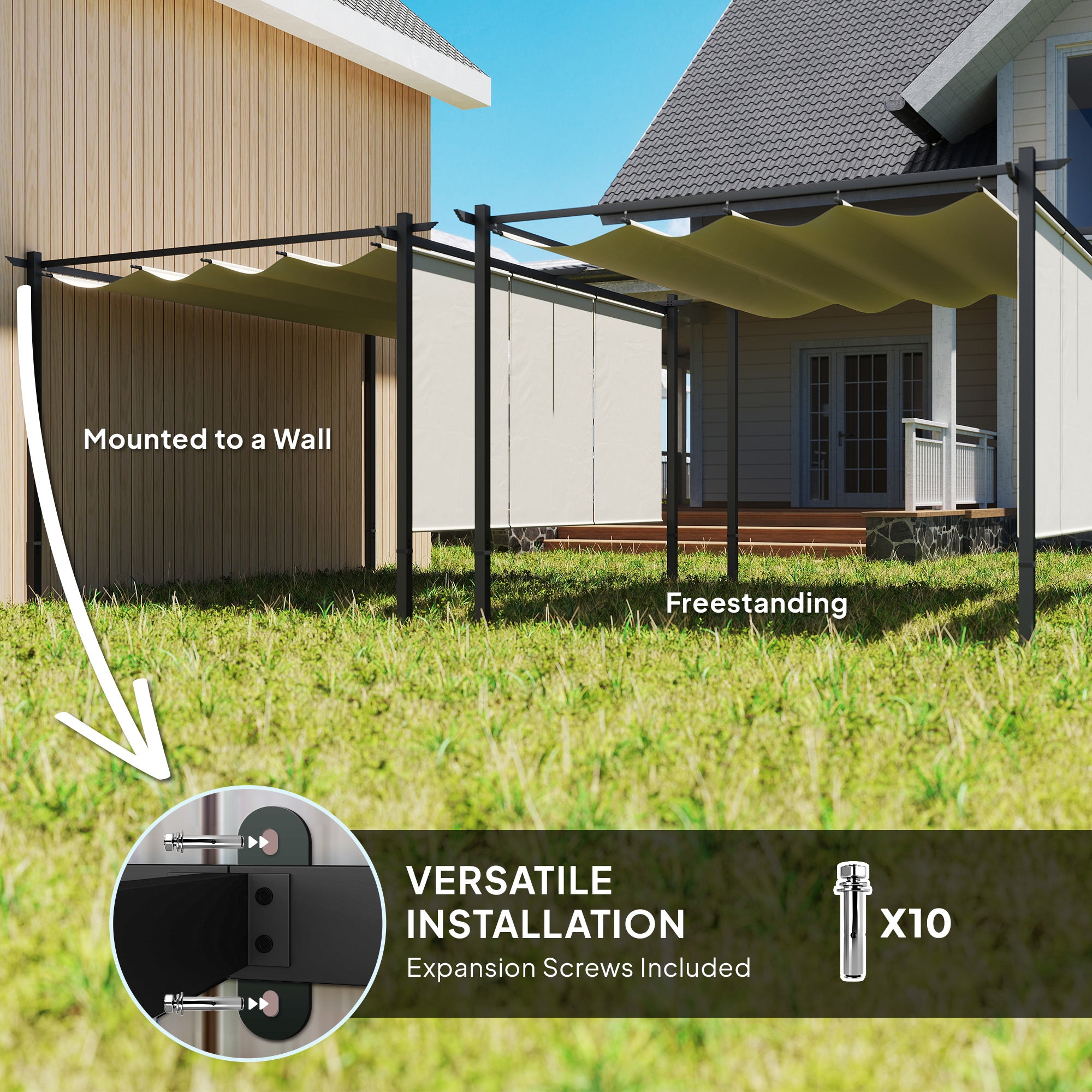 Outsunny 3 x 4m Metal Pergola with Retractable Roof and Roller Shade, Wall-Mounted or Free Standing Garden Gazebo Canopy Pergola Kit, UPF30+ Outdoor Sun Shade Shelter, Beige - North Peak Garden Furniture