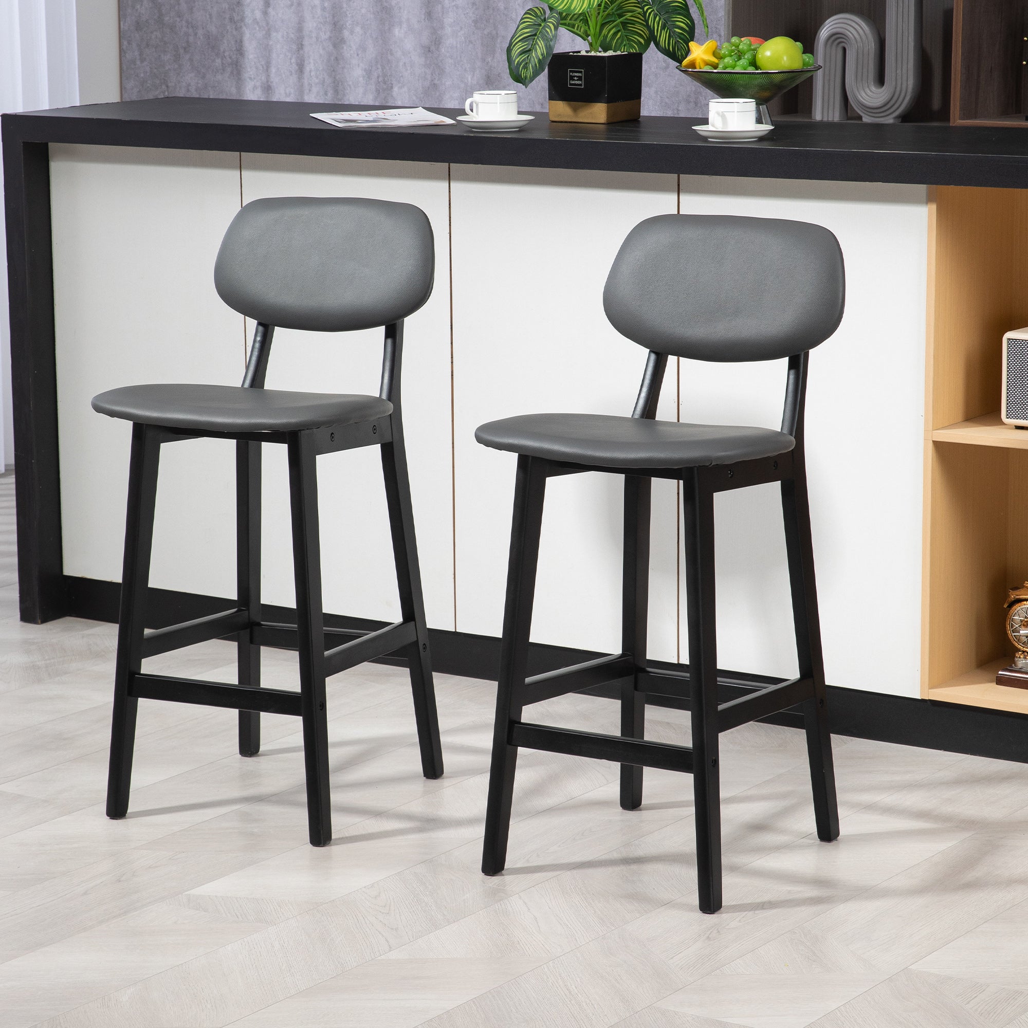 HOMCOM Bar Stools Set of 2, Contemporary Breakfast Bar Chairs, Faux Leather Upholstered Kitchen Stools with Backs and  Solid Wood Legs, Dark Grey