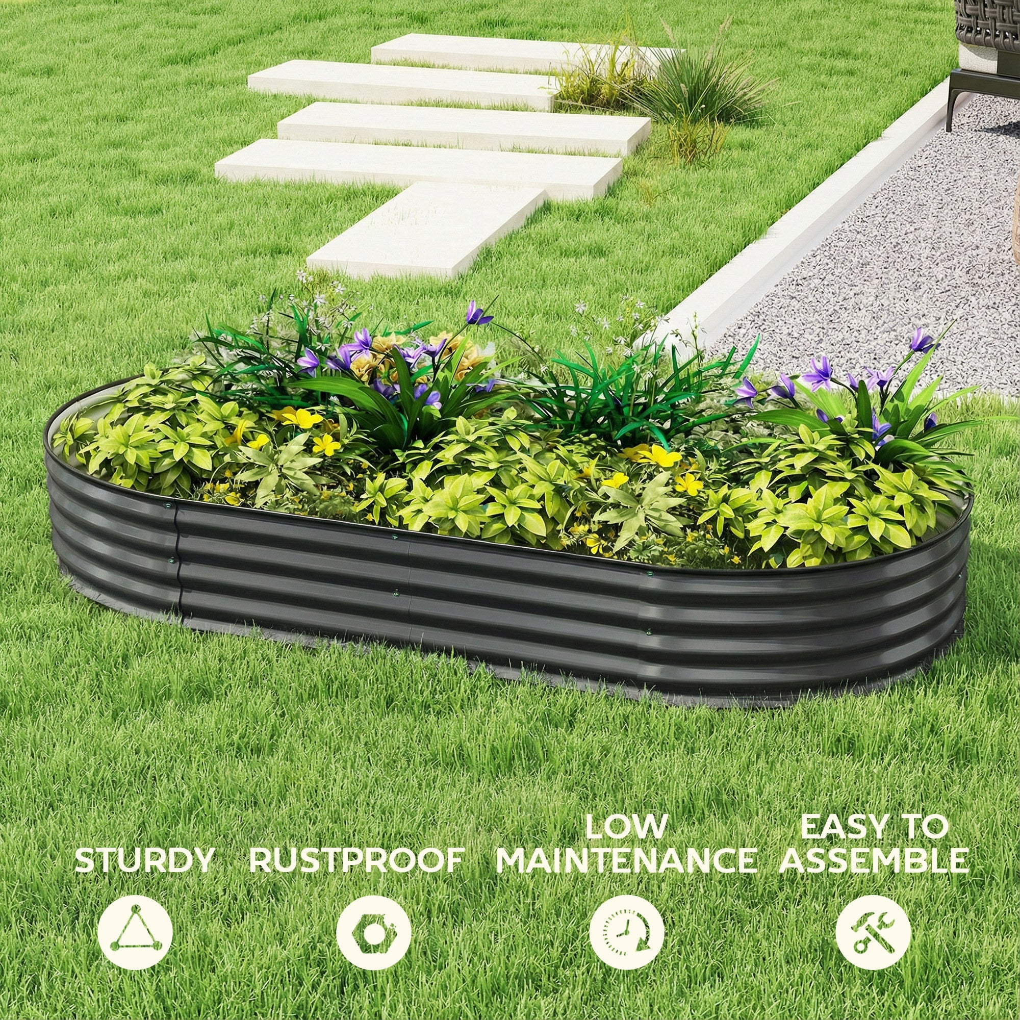 Outsunny Galvanised Raised Garden Bed, Metal Planter Box with Safety Edging, for Flowers, Herbs, Succulents, Dark Grey