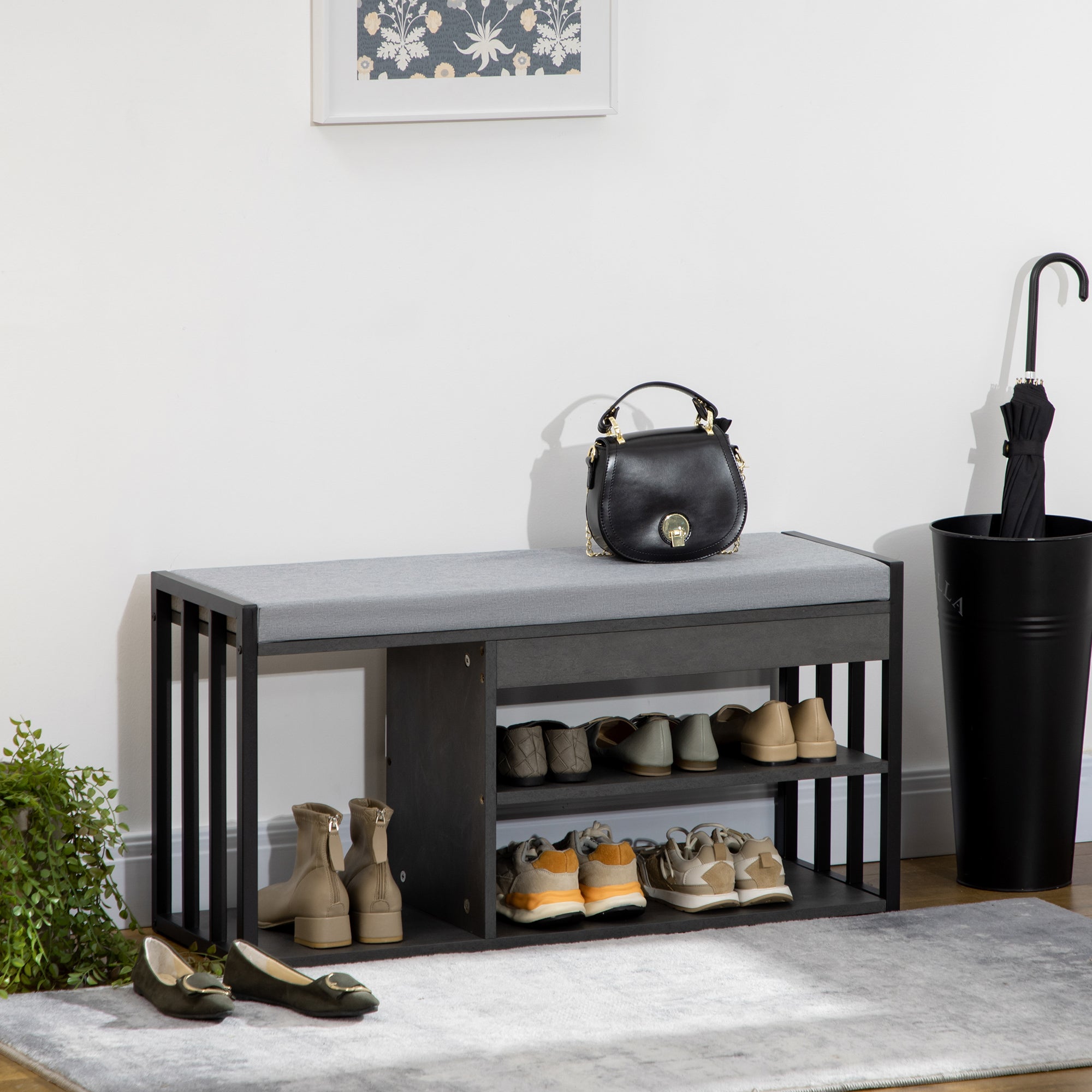 HOMCOM Shoe Storage with Seat, Upholstered Entryway Bench, Shoe Bench with 3 Open Shelves for Hallway, Grey - North Peak Garden Furniture
