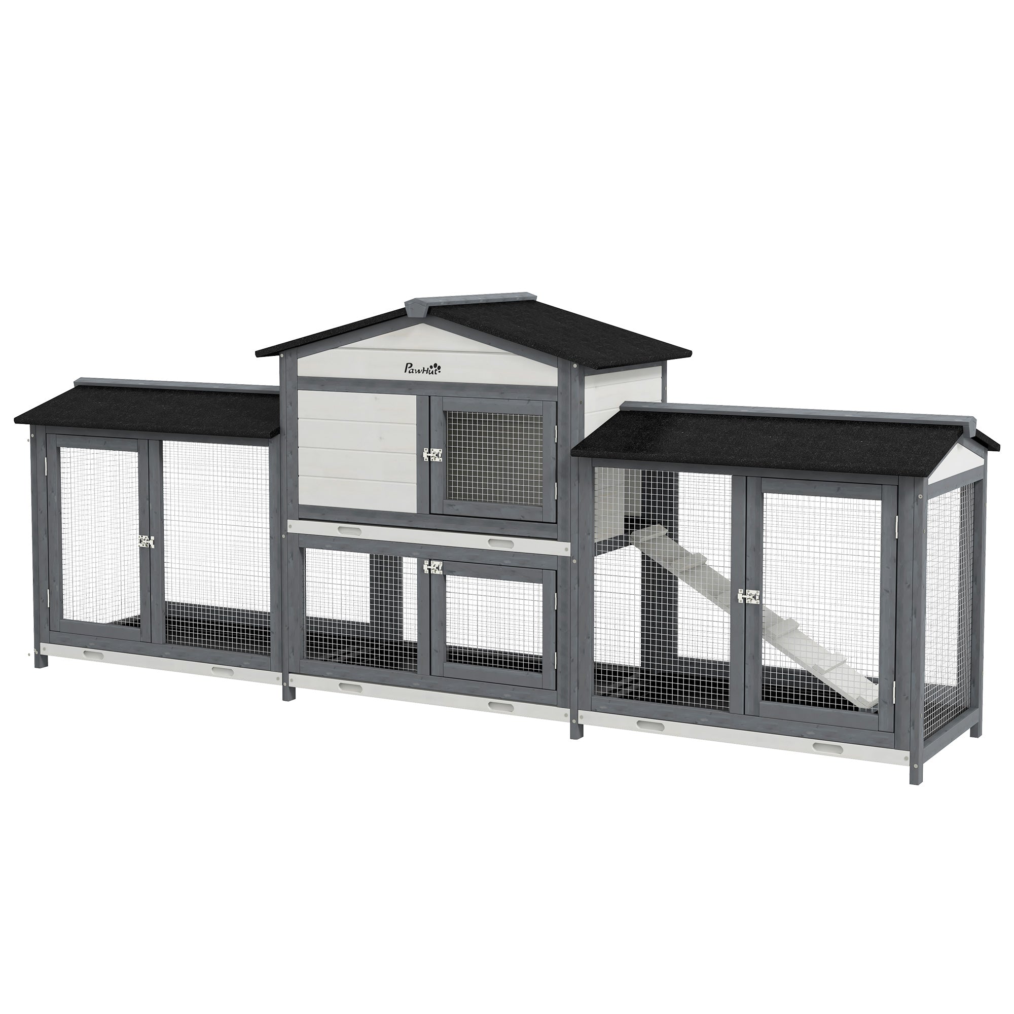 PawHut 2-Tier Large Rabbit Hutch Outdoor with Double Side Run Boxes, No-leak Plastic Tray, Ramp, 230 x 53 x 93.5cm, Light Grey - North Peak Garden Furniture
