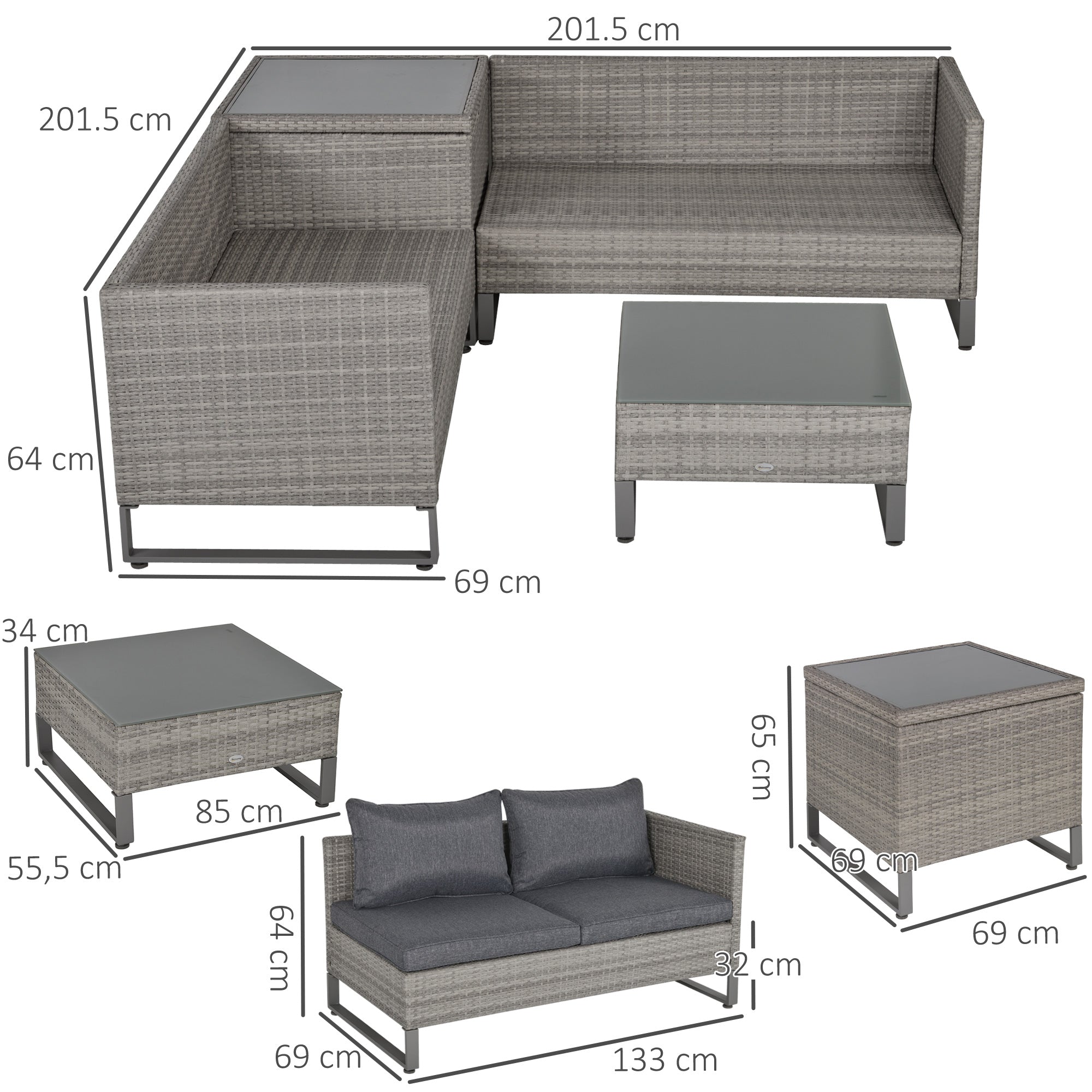 Outsunny 4 PCs PE Rattan Wicker Sofa Set Outdoor Conservatory Furniture Lawn Patio Coffee Table w/ Side Storage Box & Cushion, Grey - North Peak Garden Furniture