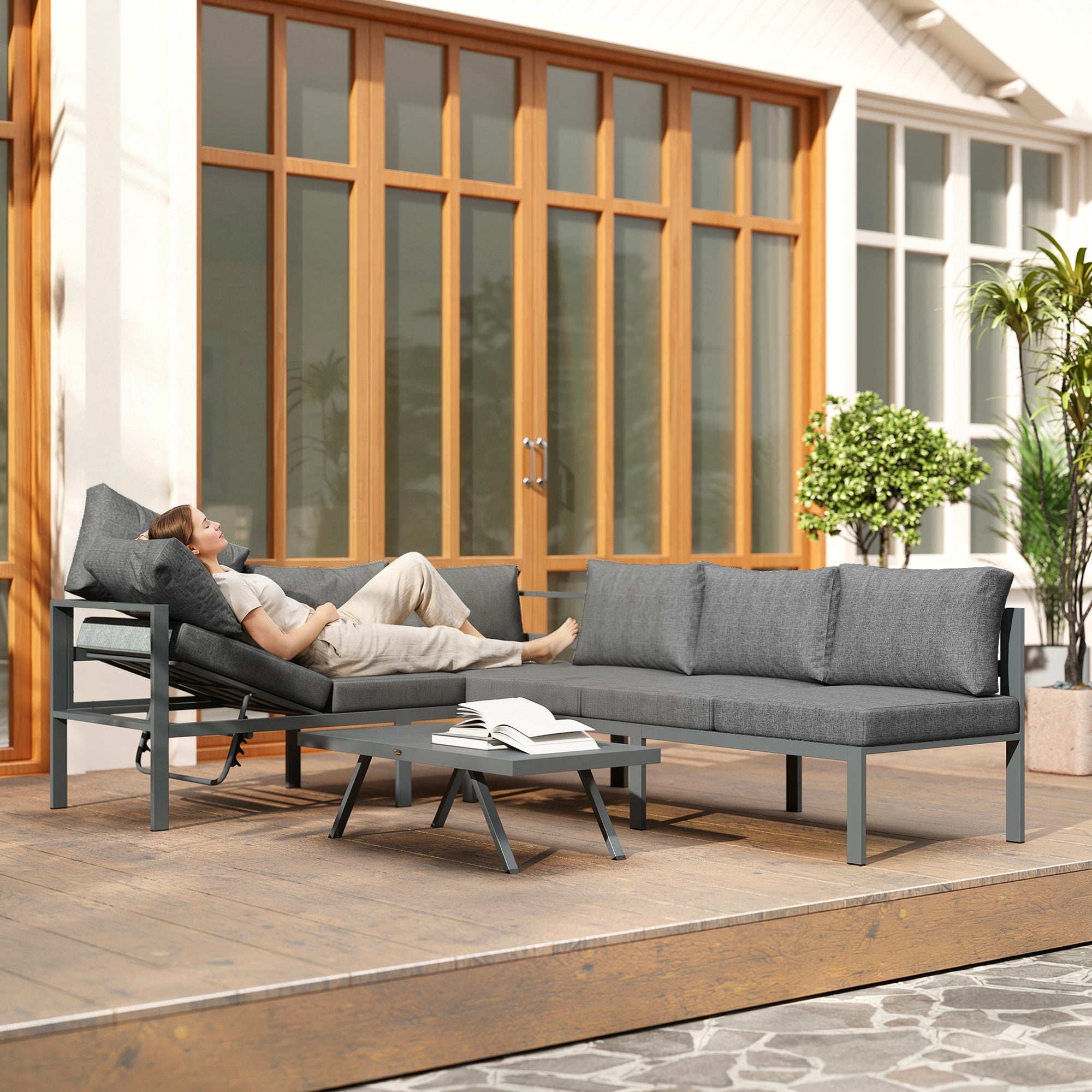 Outsunny 3 Pieces Garden Furniture Set, Aluminium Corner Lounge Set with Adjustable Backrest and Coffee Table