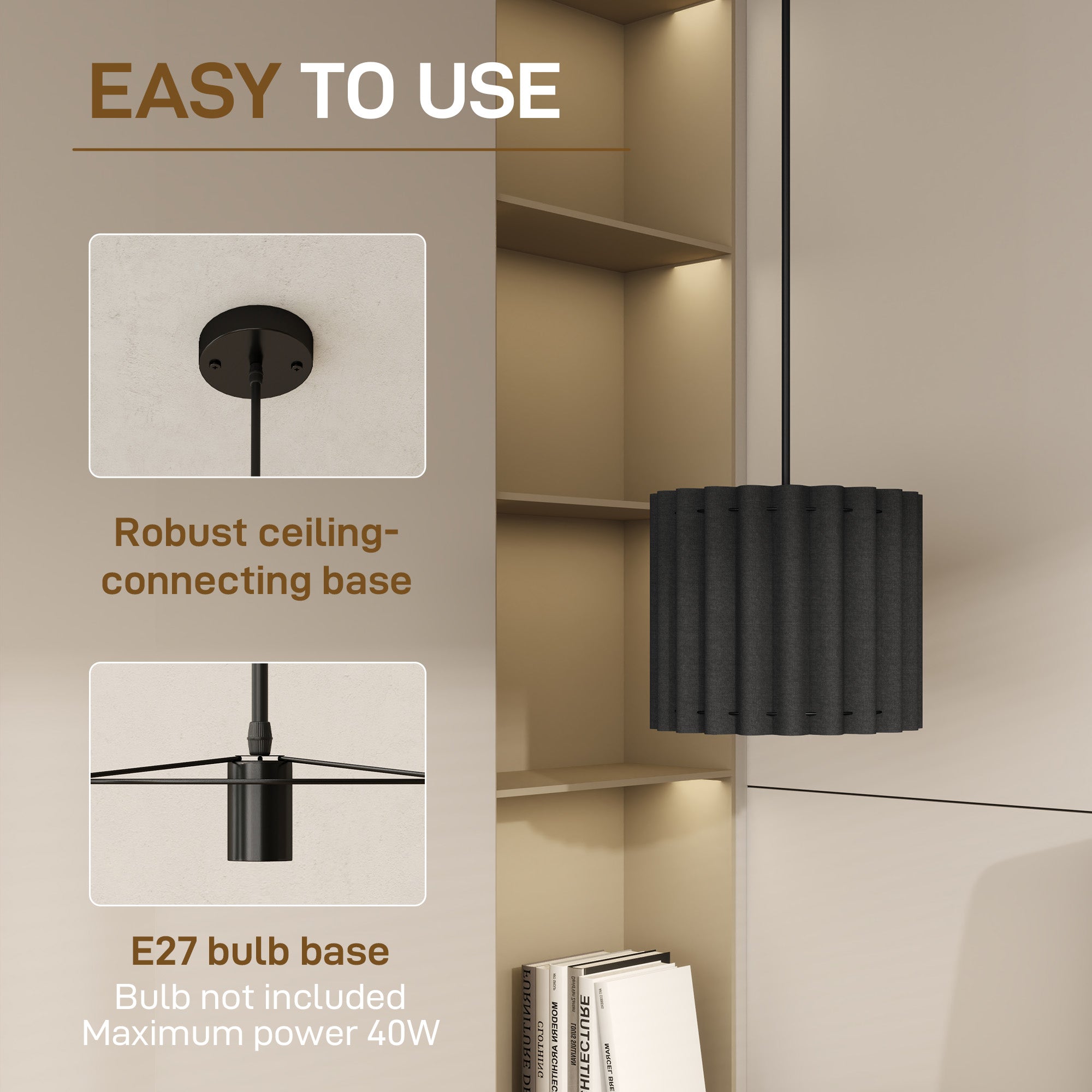 HOMCOM Linen Pendant Light, Modern Wave Ceiling Light Shade, E27 Lampshade for Living Room, Bedroom, Kitchen, Hallway, Black