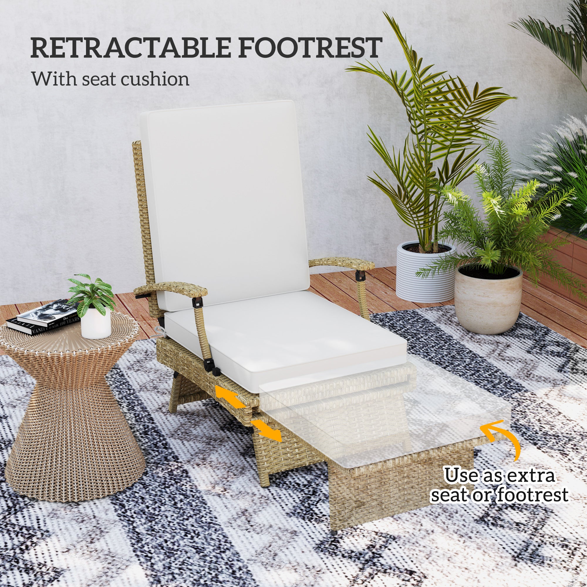 Outsunny 80° Reclining Rattan Lounger - White/Beige - North Peak Garden Furniture