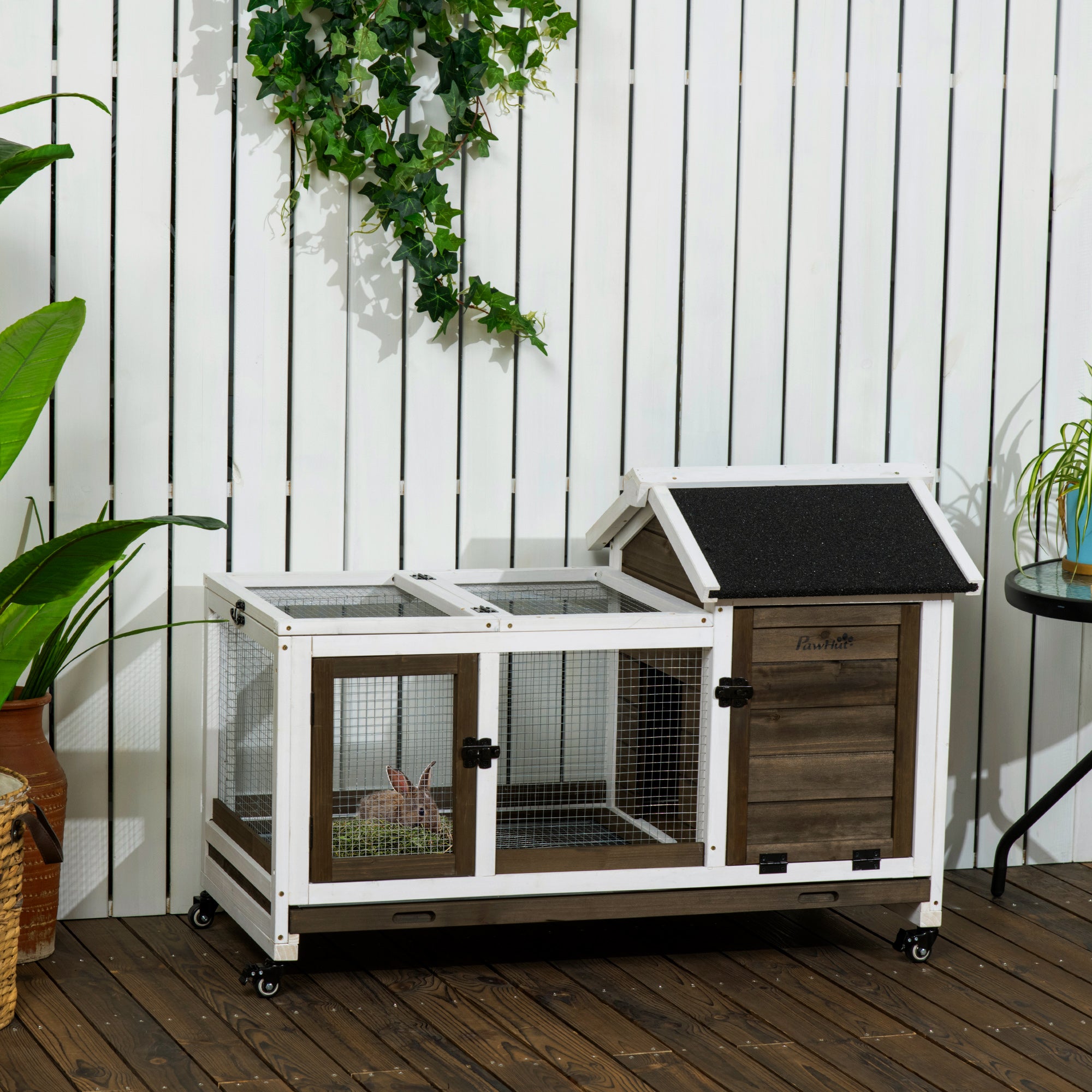 PawHut Wooden Rabbit Hutch, Guinea Pig Cage, with Removable Tray, Wheels - Brown - North Peak Garden Furniture