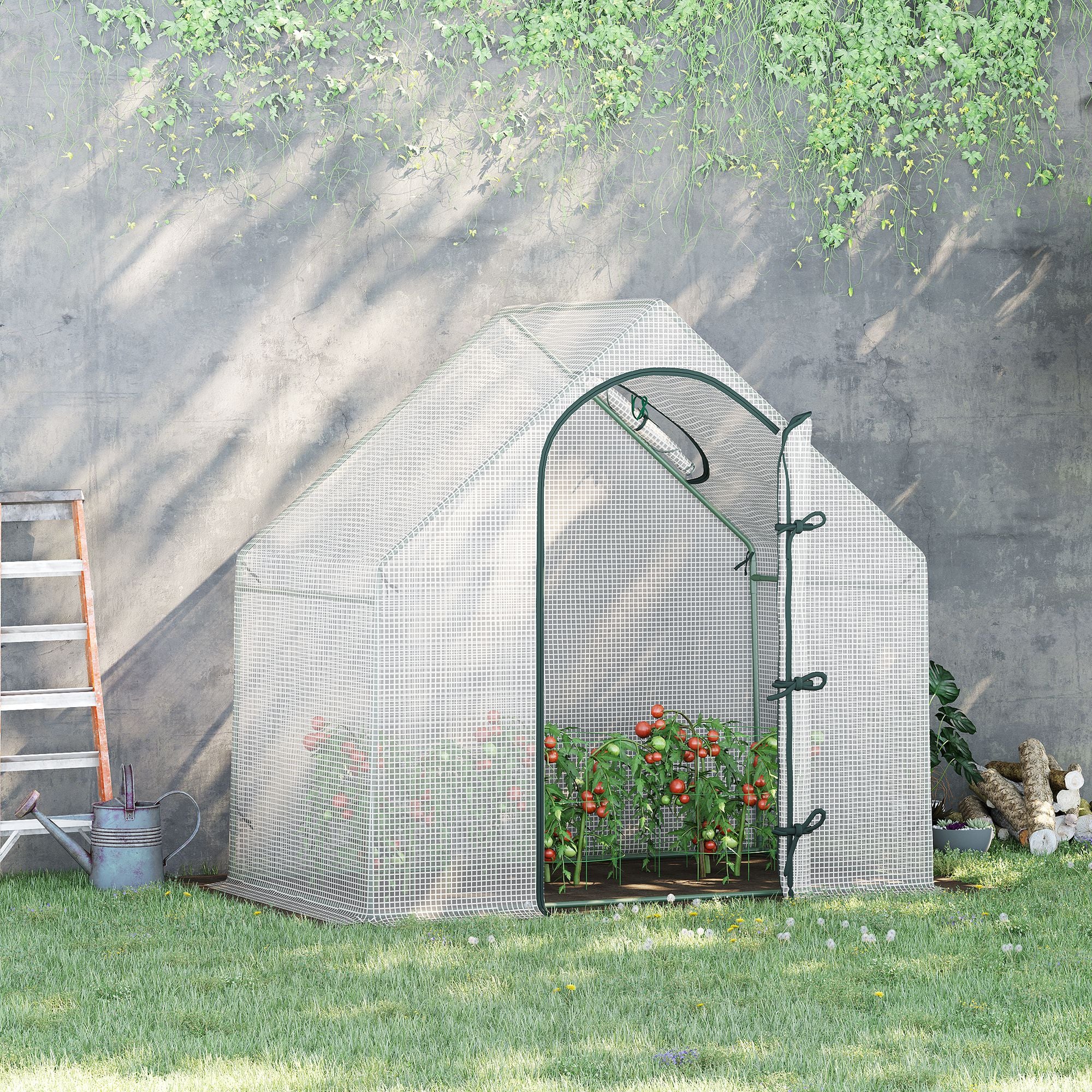 Outsunny Walk-In Greenhouse with Window Roll-Up Door, Portable Garden Grow House with Steel Frame for Vegetable Plant Herb, 180 x 100 x 168cm, White - North Peak Garden Furniture
