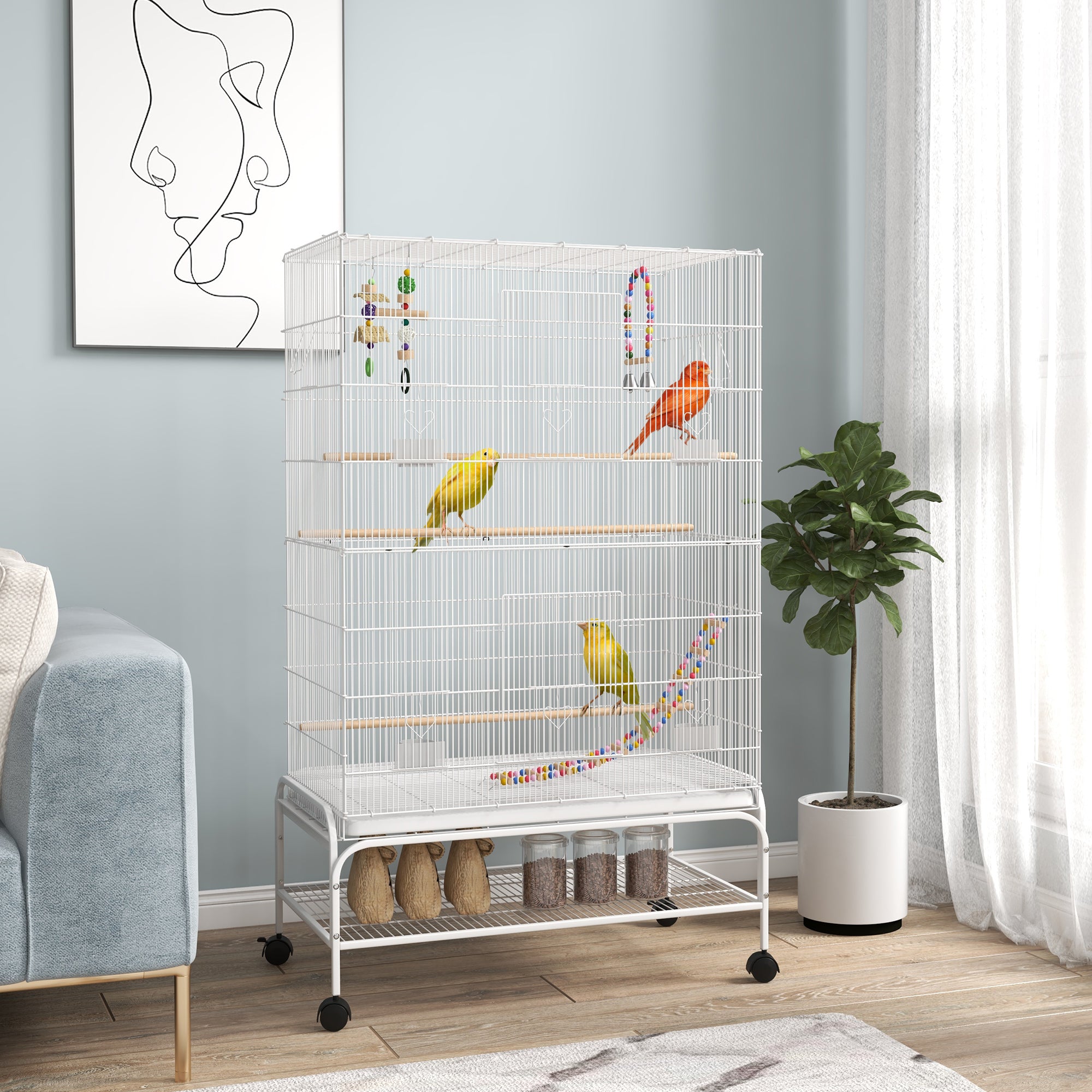 PawHut Bird Cage w/ Stand, Toys, Accessories, for Canaries, Finches, White - North Peak Garden Furniture