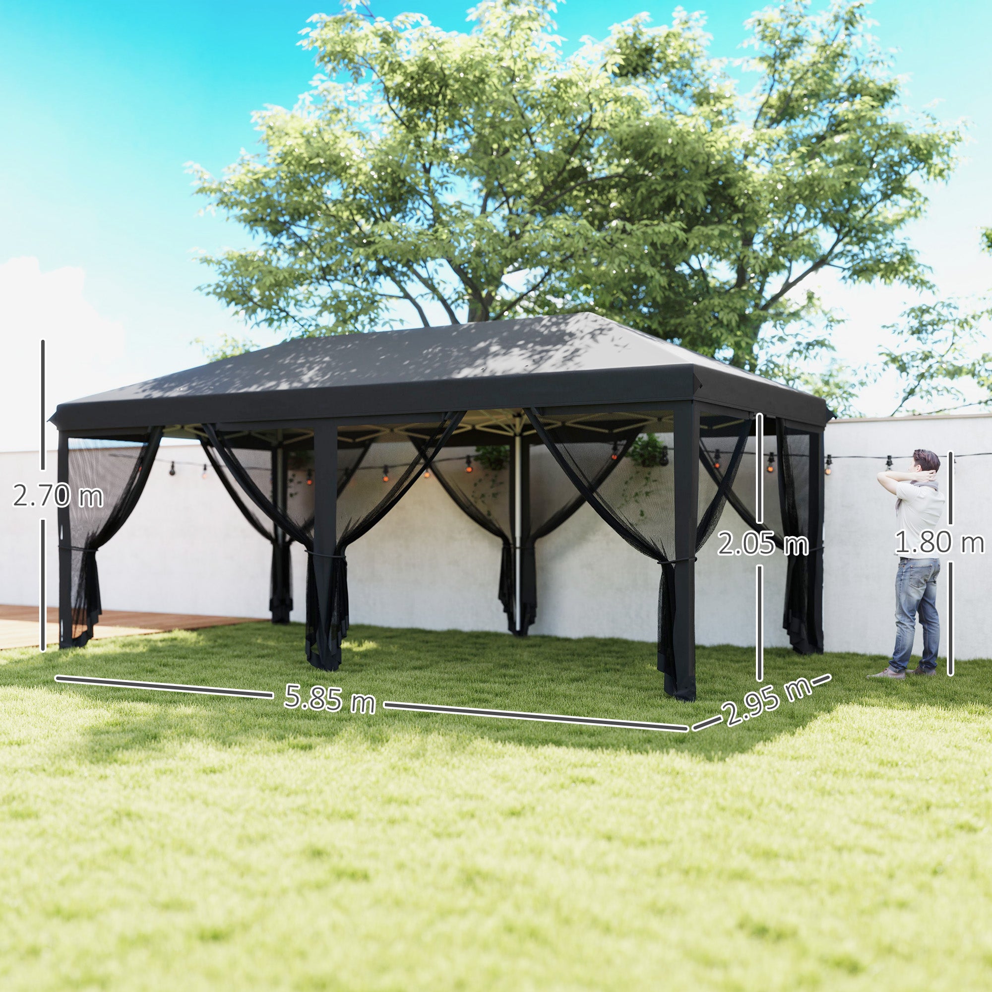 Outsunny 3 x 6m Pop Up Gazebo, Outdoor Canopy Shelter, Marquee Party Wedding Tent with 6 Mesh Walls and Carry Bag, Black - North Peak Garden Furniture