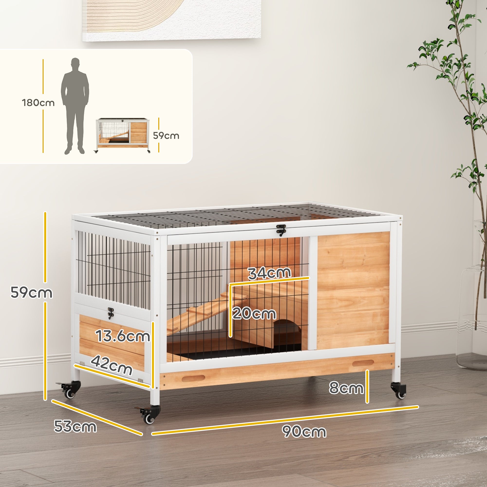 PawHut Wooden Guinea Pig Hutch, 2-Floor Bunny Cage w/ Enclosed Run Area, Yellow