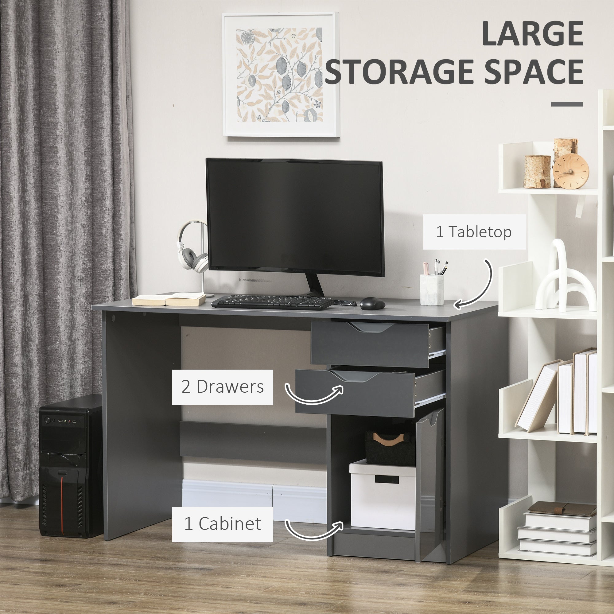 HOMCOM Computer Desk with Drawers, High Gloss Home Office Desk with Storage Cabinet, Study Workstation, 120 x 60cm, Grey - North Peak Garden Furniture