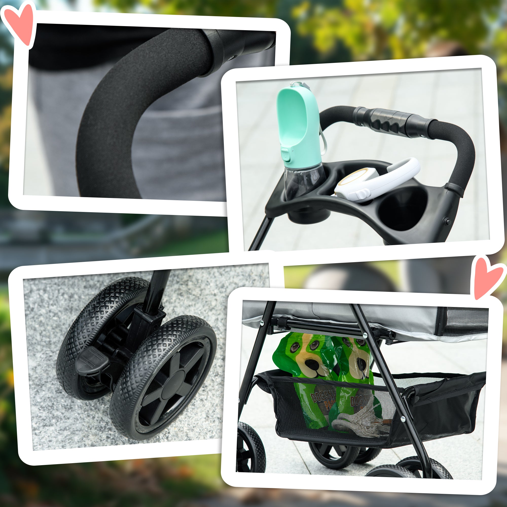 PawHut Dog Pram Dog Stroller Foldable Pet Pushchair with 4 Wheels, Safety Leashes, Cup Holder for Small Dogs, Grey - North Peak Garden Furniture