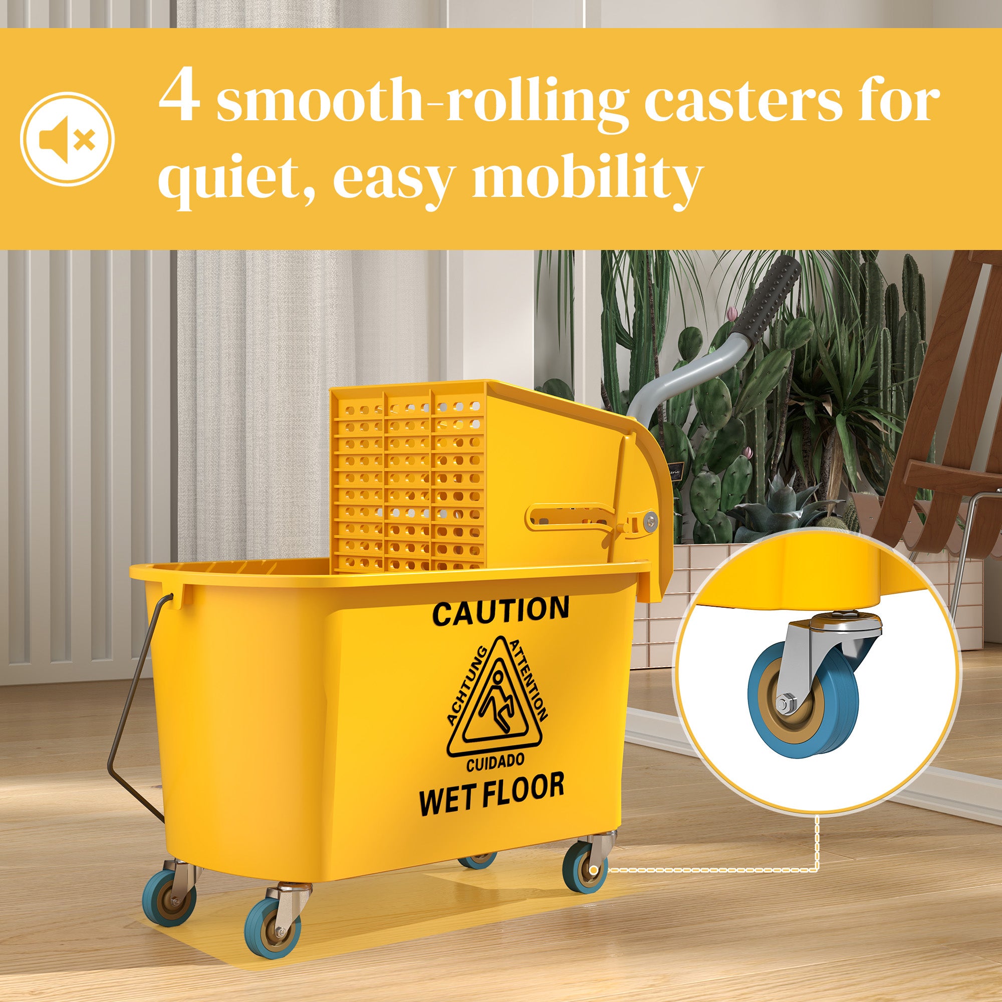 HOMCOM Mop Bucket with Wringer Set on Wheels for Floor Cleaning, 20 Litre Side Press Wringer with Handle and Mop, Yellow - North Peak Garden Furniture
