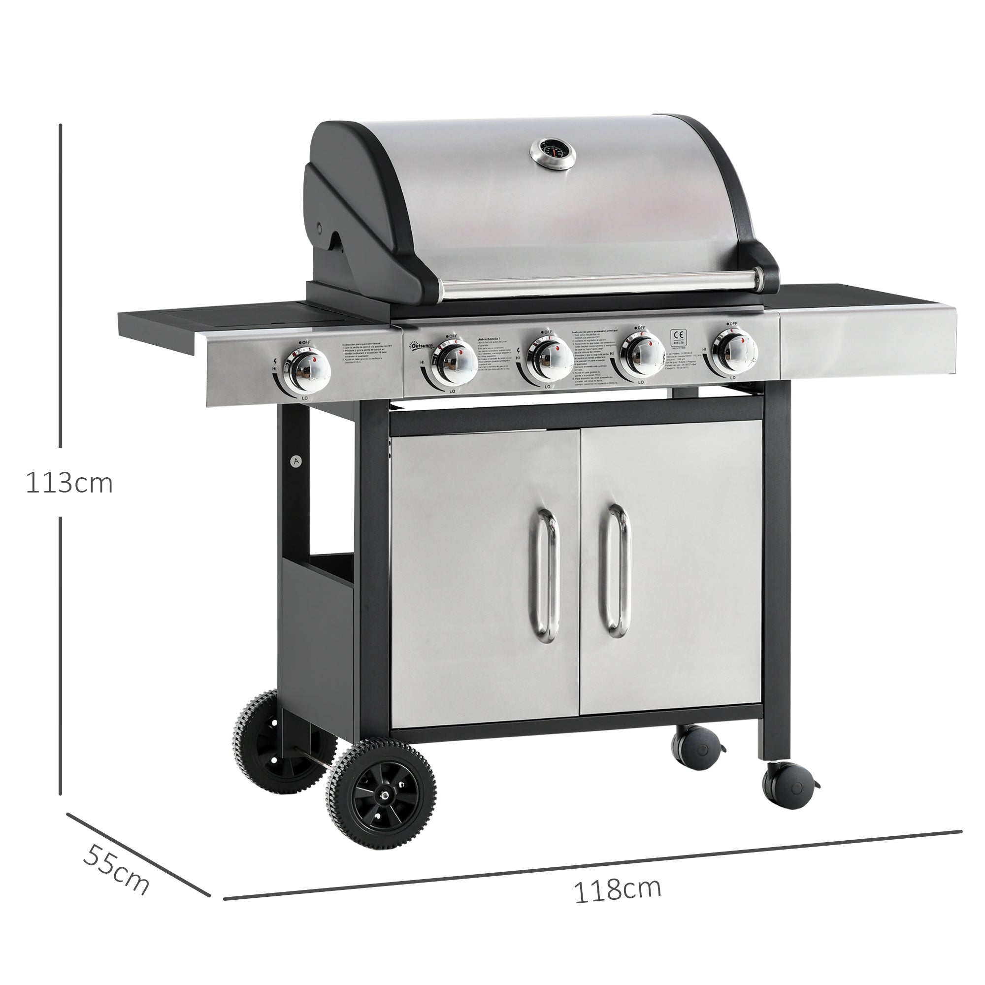 Outsunny Gas Barbecue Grill 4+1 Burner Garden Smoker BBQ Trolley w/ Side Burner Warming Rack Side Shelves Storage Cabinet Piezo Ignition Thermometer Stainless Steel + Metal - North Peak Garden Furniture