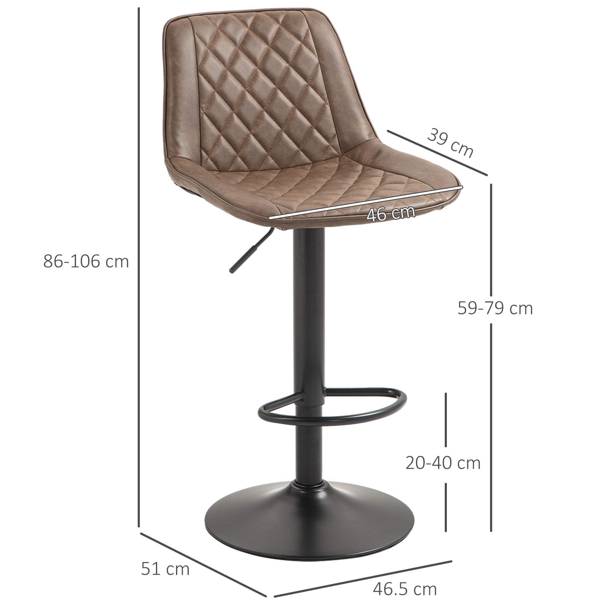 HOMCOM Bar Stools Set of 2, Retro Adjustable Kitchen Stool, Swivel PU Leather Upholstered Bar Chairs with Back, Footrest and Steel Base, Brown - North Peak Garden Furniture