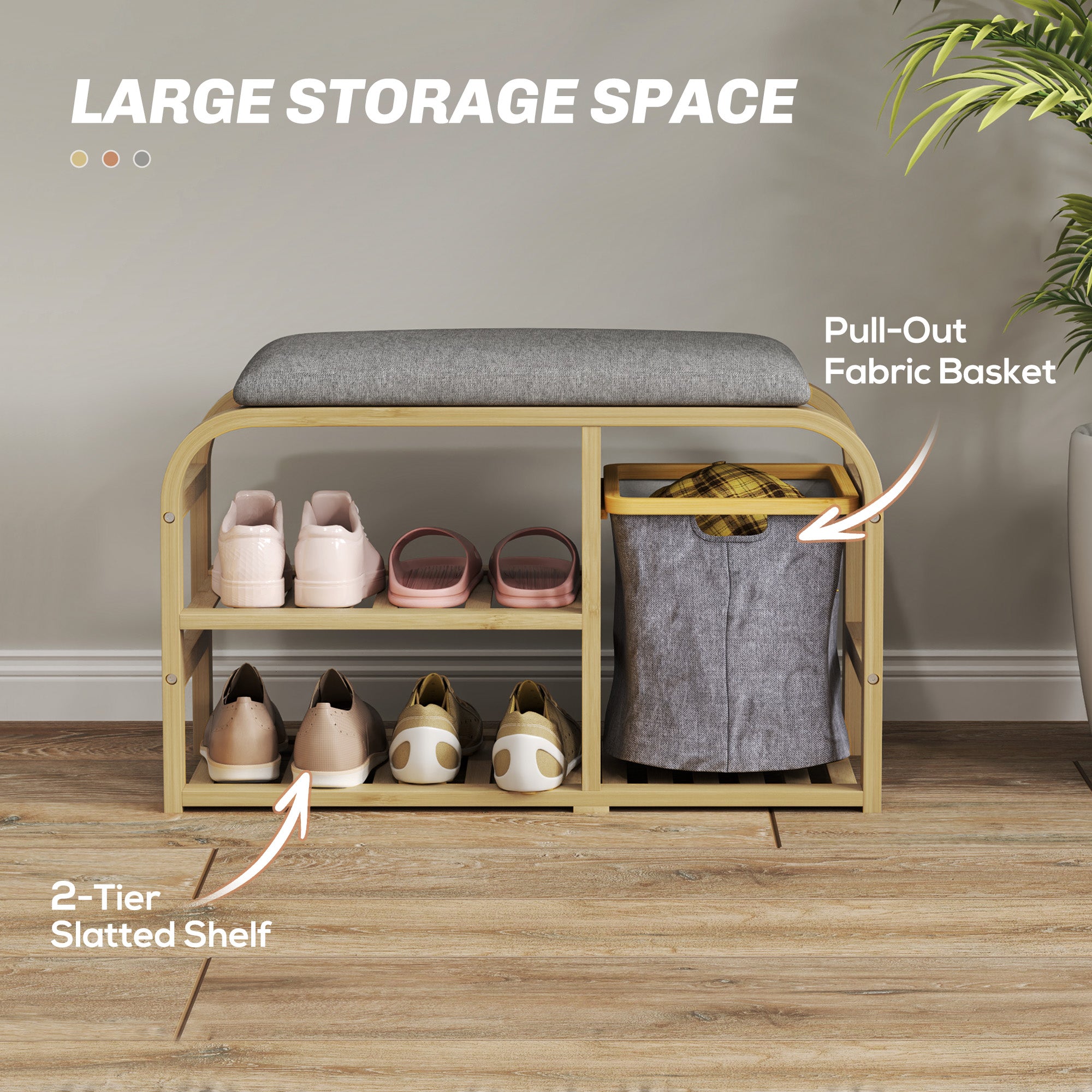 HOMCOM Bamboo Shoe Rack Bench with Padded Seat - Nature Wood Finish - North Peak Garden Furniture