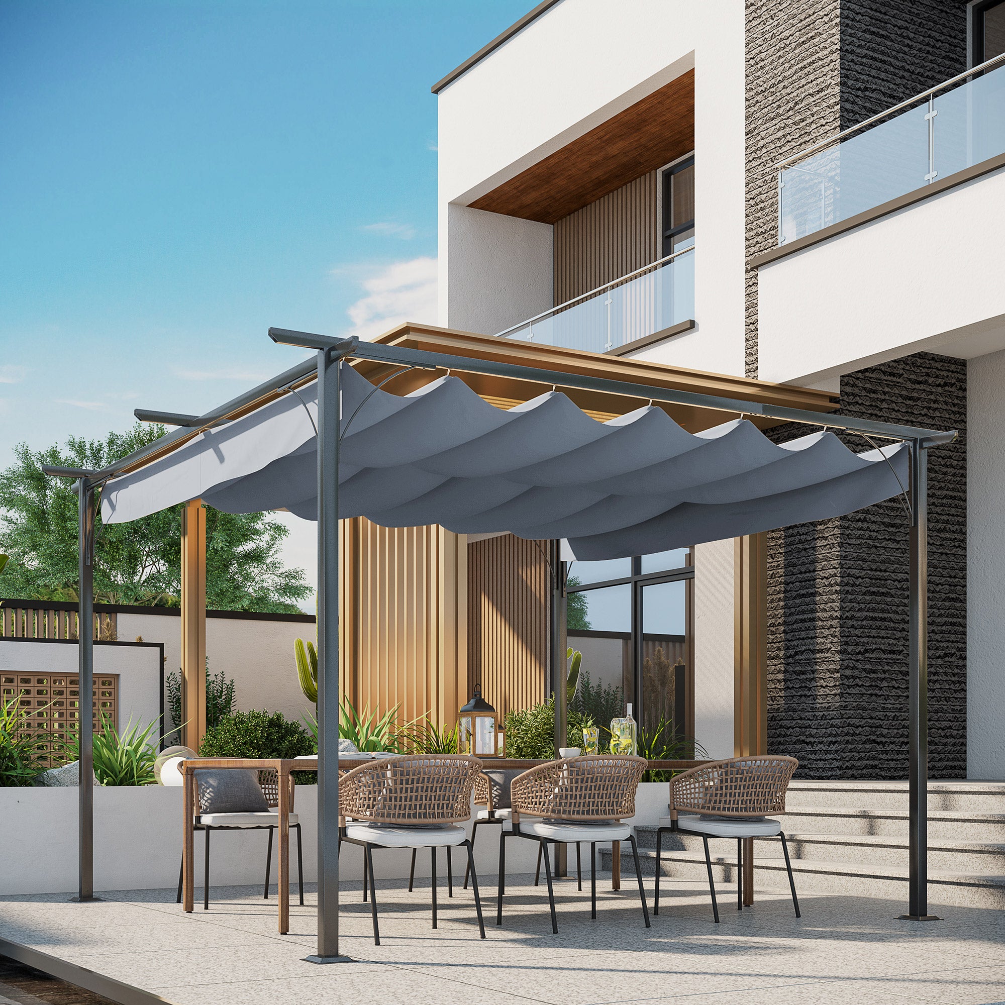 Outsunny 3.5M X 3.5M Metal Pergola Gazebo Awning Retractable Canopy Outdoor Garden Sun Shade Shelter Marquee Party BBQ, Grey - North Peak Garden Furniture