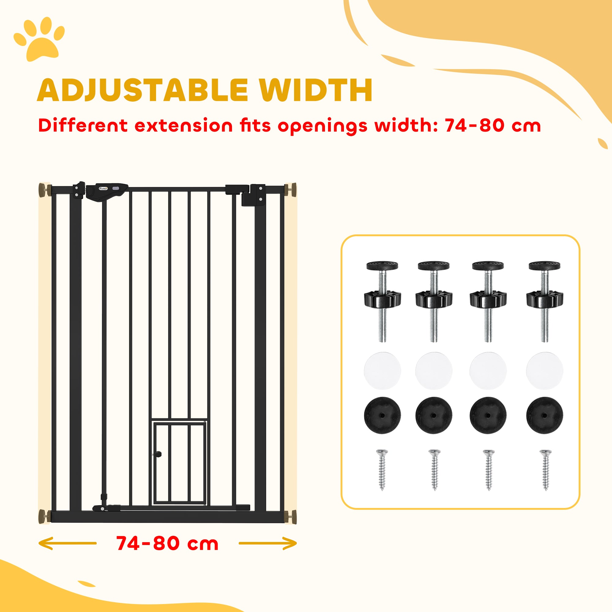 PawHut Extra Tall Pet Gate, Indoor Dog Safety Gate, with Cat Flap, Auto Close, 74-80cm Wide - Black - North Peak Garden Furniture