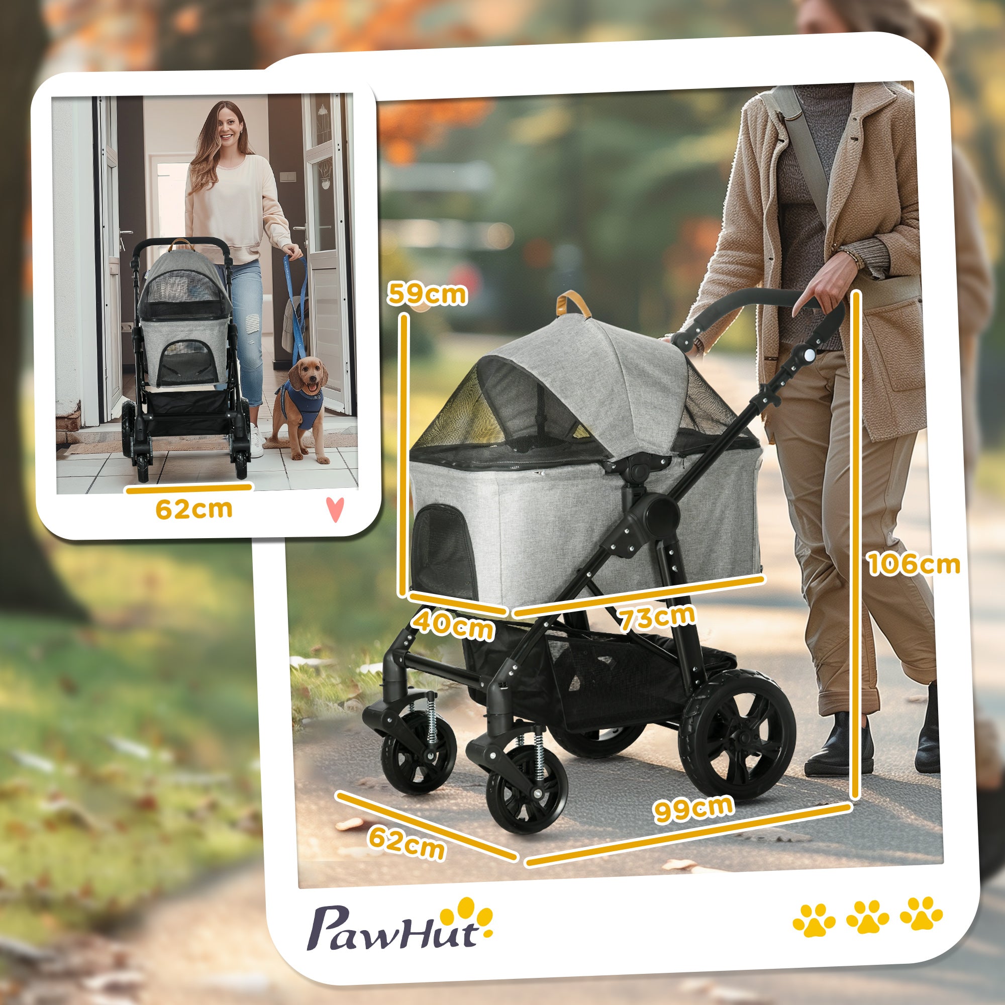 PawHut Dog Pram Pet Stroller for Small Dogs Cats, Foldable Dog Pushchair Trolley with Detachable Pet Carrier Bag, Shock Absorber, Adjustable Handlebar, Grey - North Peak Garden Furniture
