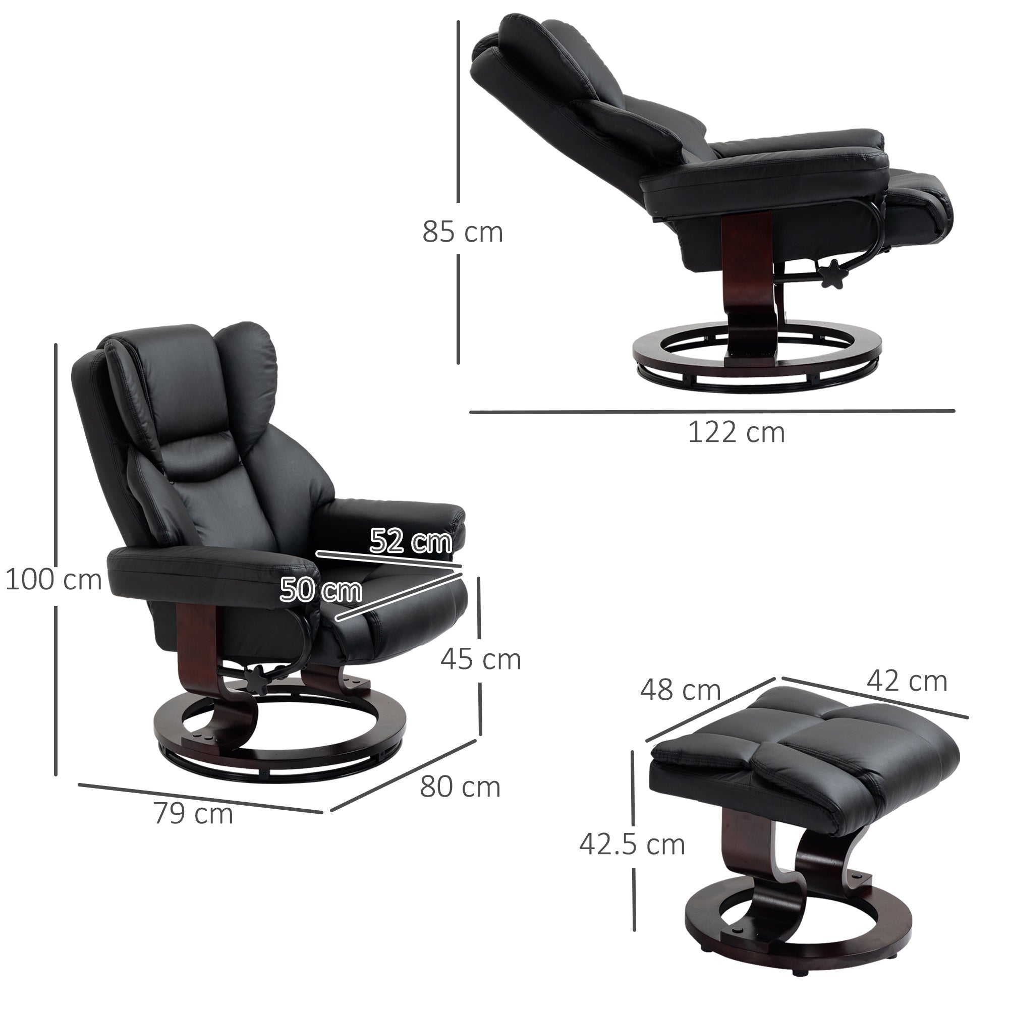 HOMCOM Faux Leather Recliner Chair and Footstool, Swivel Upholstered Armchair and Footstool with Adjustable Backrest, Solid Wood Base for Living Room, Black - North Peak Garden Furniture