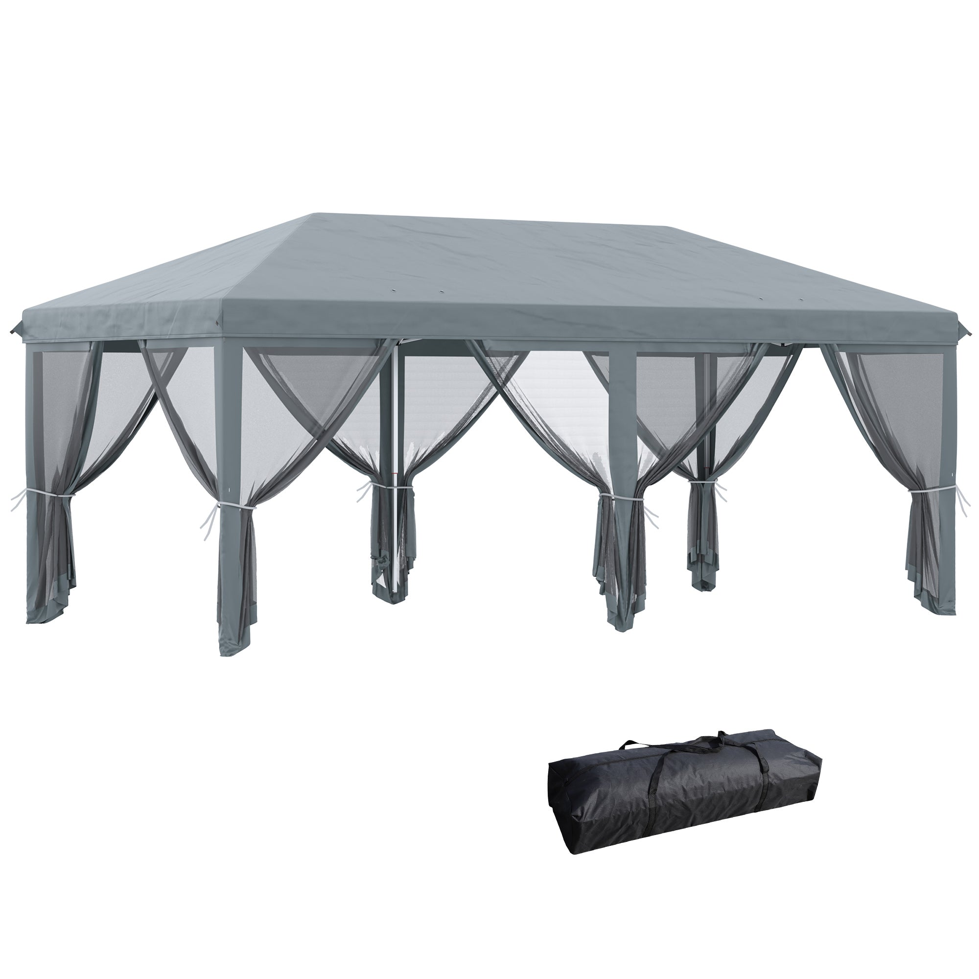 Outsunny 3 x 6m Pop Up Gazebo, Outdoor Canopy Shelter, Marquee Party Wedding Tent with 6 Mesh Walls and Carry Bag, Grey - North Peak Garden Furniture